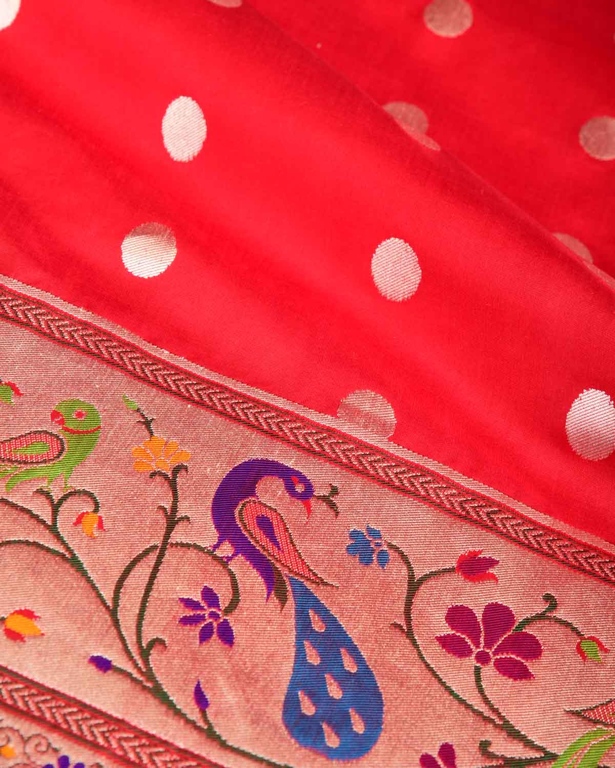 Bridal Red Gold Zari Meena Paithani Parrot & Peacock Cutwork Brocade Handwoven Katan Silk Banarasi Saree-HolyWeaves