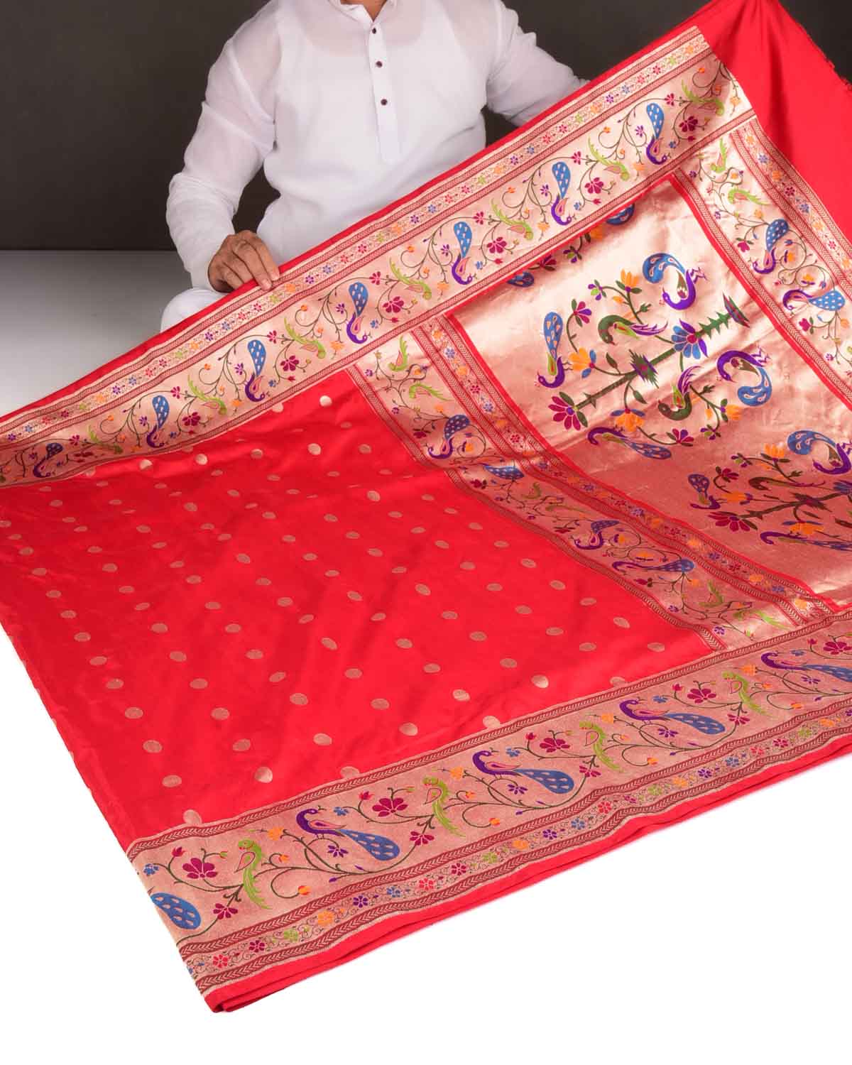 Bridal Red Gold Zari Meena Paithani Parrot & Peacock Cutwork Brocade Handwoven Katan Silk Banarasi Saree-HolyWeaves