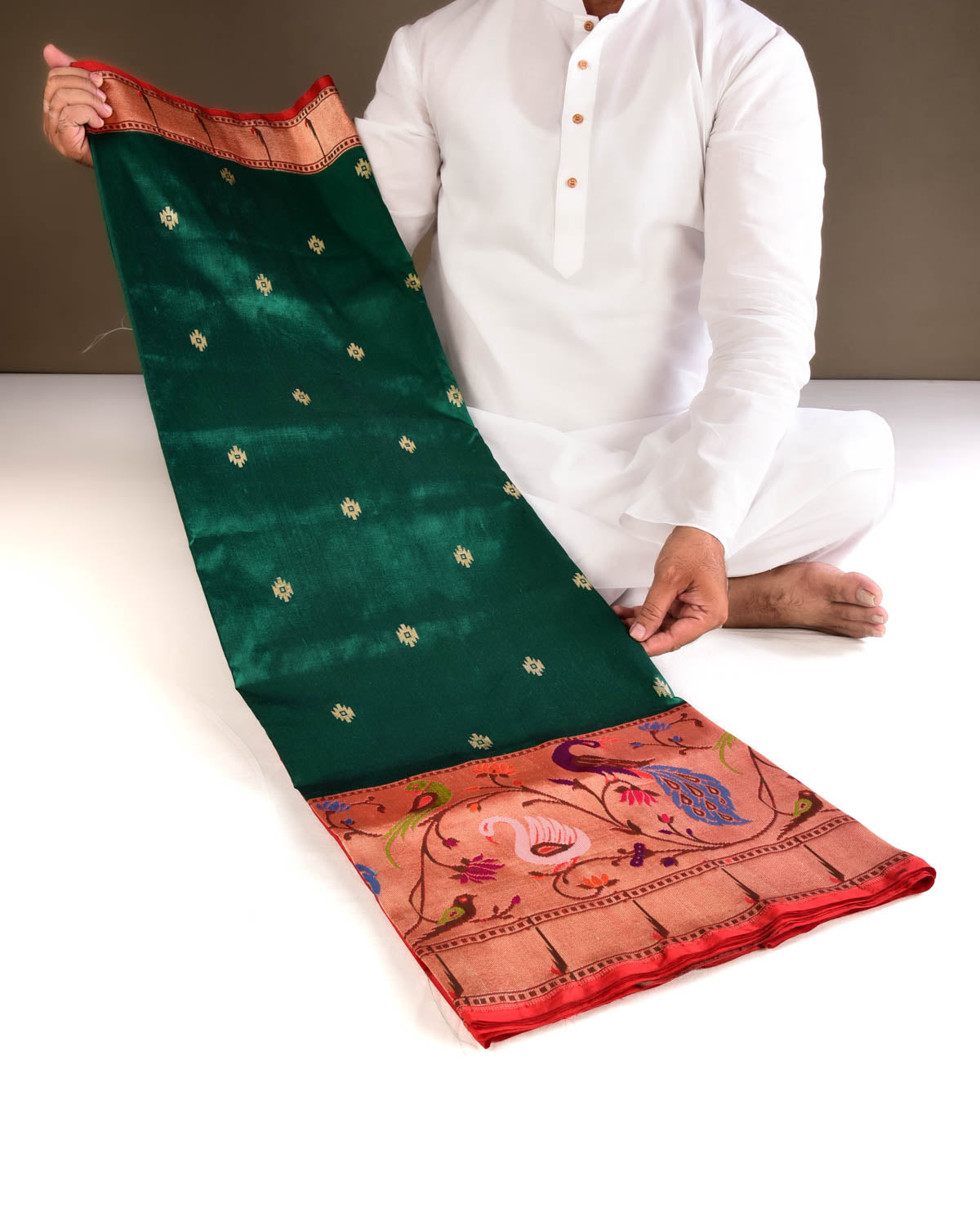 Green Banarasi Deer Peacock Parrot & Swan Paithani Cutwork Brocade Handwoven Katan Silk Saree - By HolyWeaves, Benares