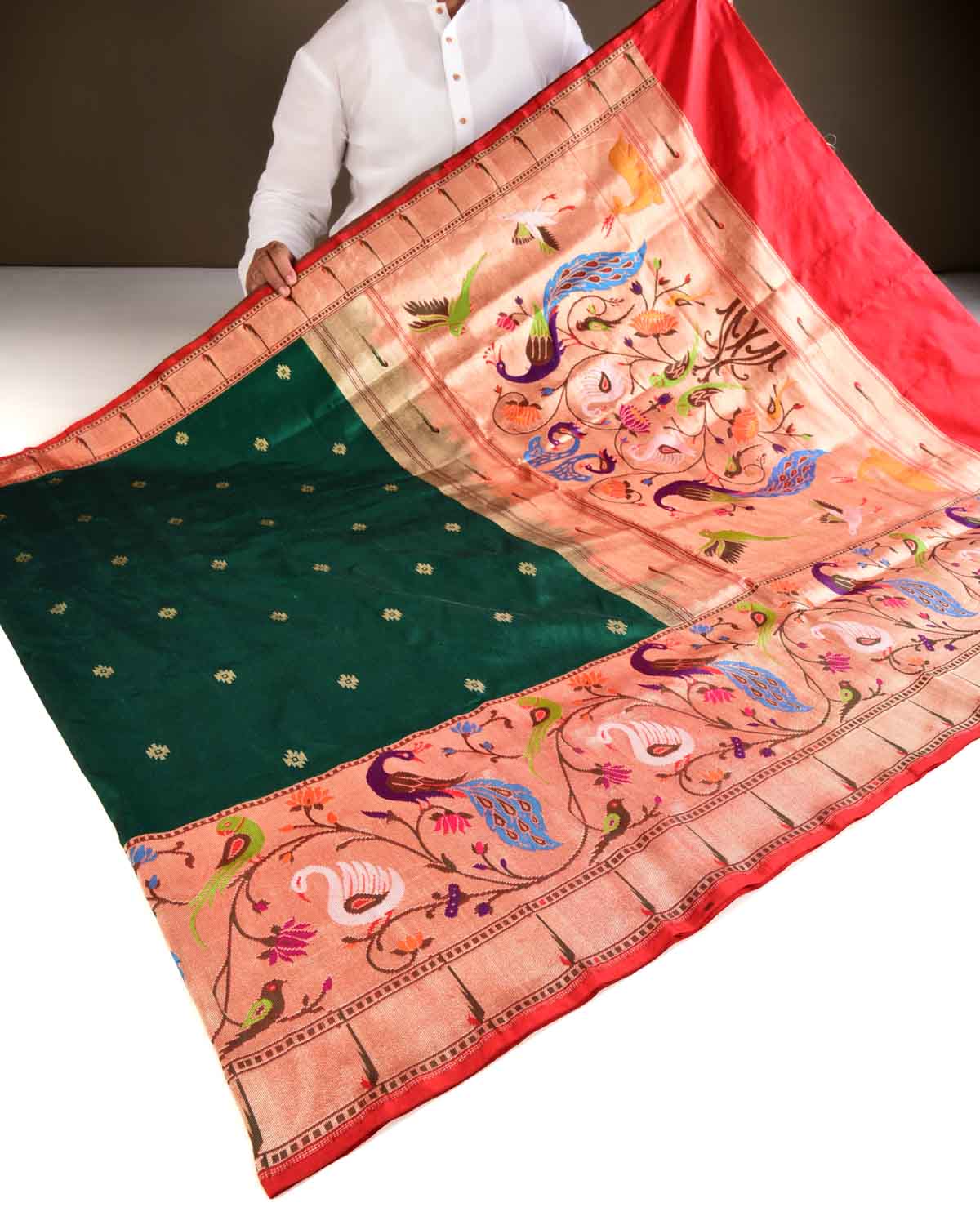 Green Banarasi Deer Peacock Parrot & Swan Paithani Cutwork Brocade Handwoven Katan Silk Saree - By HolyWeaves, Benares
