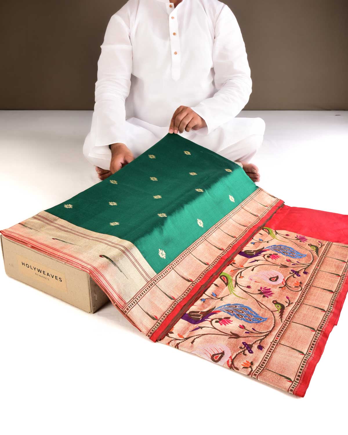 Green Banarasi Deer Peacock Parrot & Swan Paithani Cutwork Brocade Handwoven Katan Silk Saree - By HolyWeaves, Benares