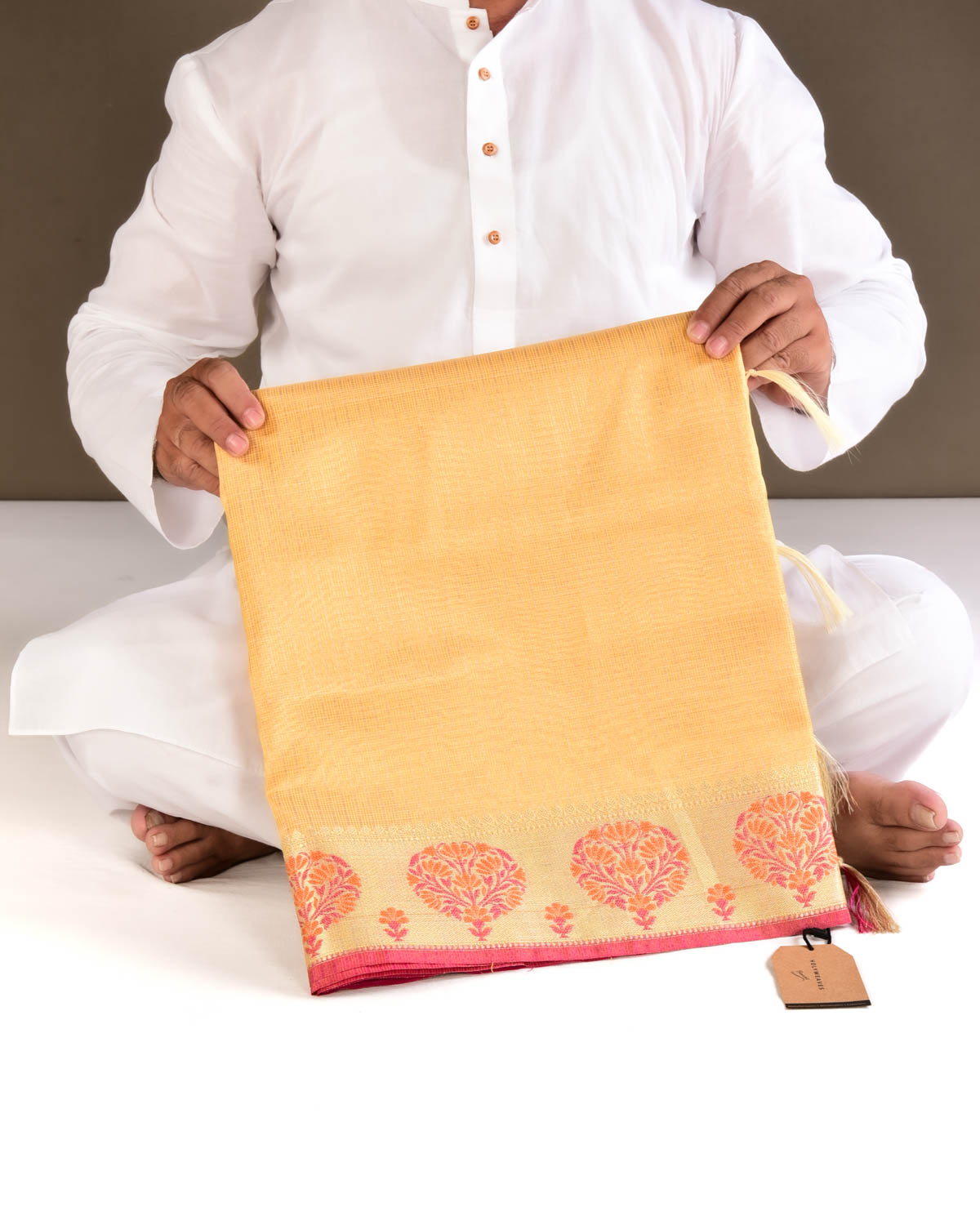 Yellow Banarasi Kota Zari Check Cutwork Brocade Woven Art Cotton Silk Saree - By HolyWeaves, Benares