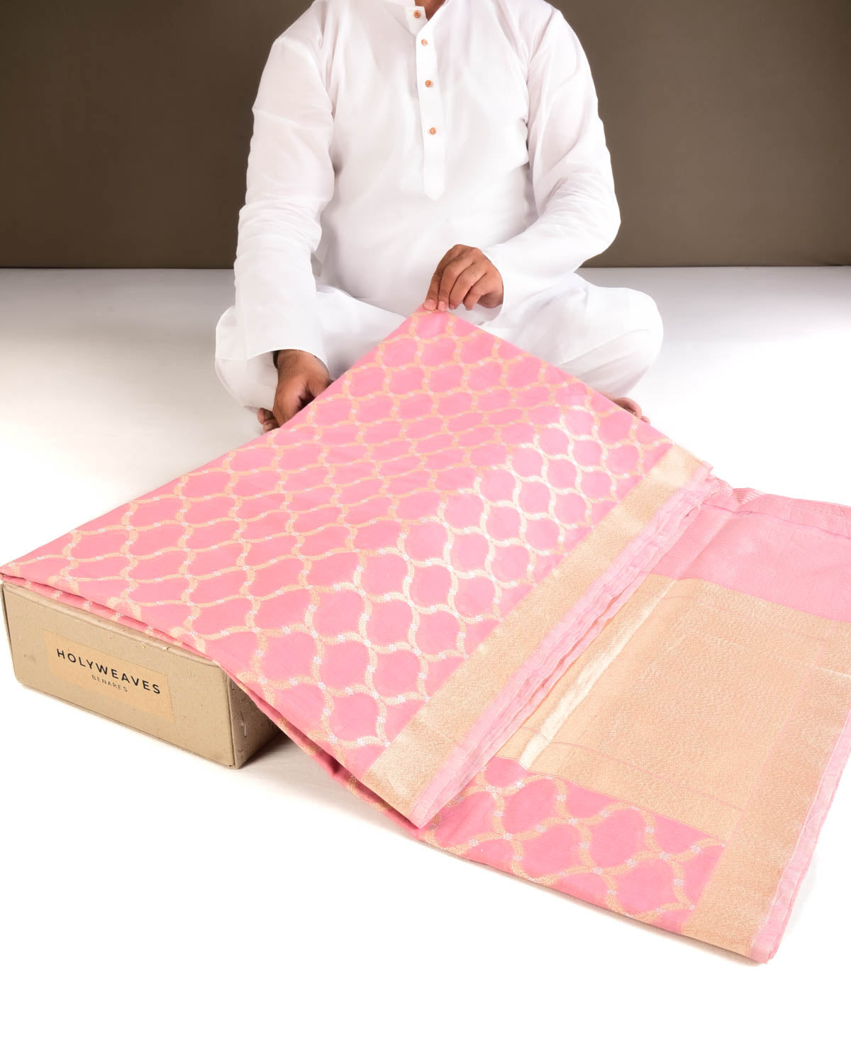 Pink Banarasi Gold & Silver Zari Alfi Jaal Cutwork Brocade Handwoven Cotton Silk Saree - By HolyWeaves, Benares