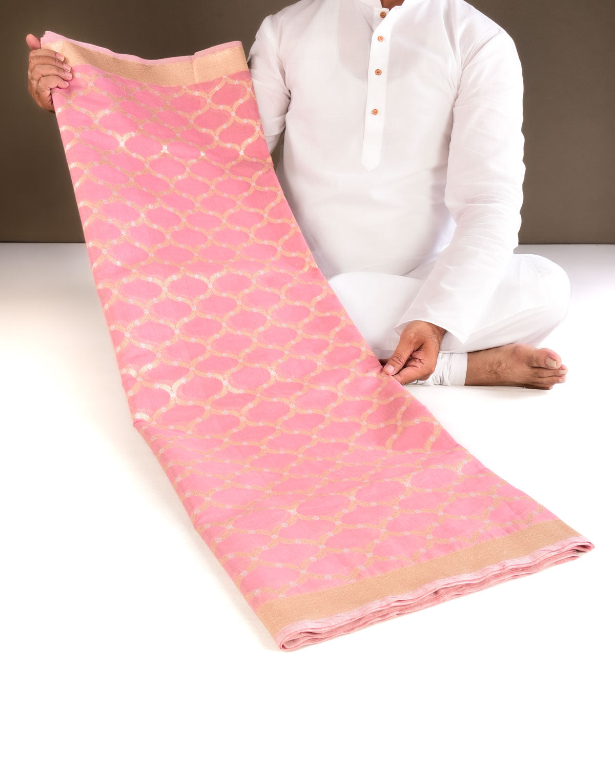 Pink Banarasi Gold & Silver Zari Alfi Jaal Cutwork Brocade Handwoven Cotton Silk Saree - By HolyWeaves, Benares