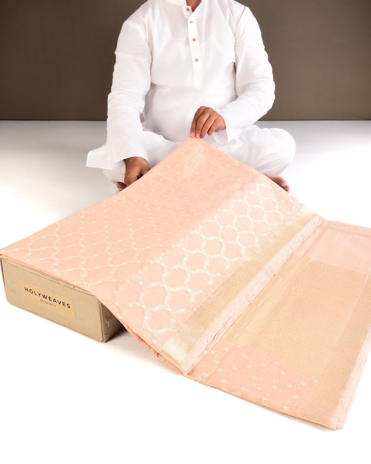Peach Banarasi Gold & Silver Zari Alfi Jaal Cutwork Brocade Handwoven Cotton Silk Saree - By HolyWeaves, Benares