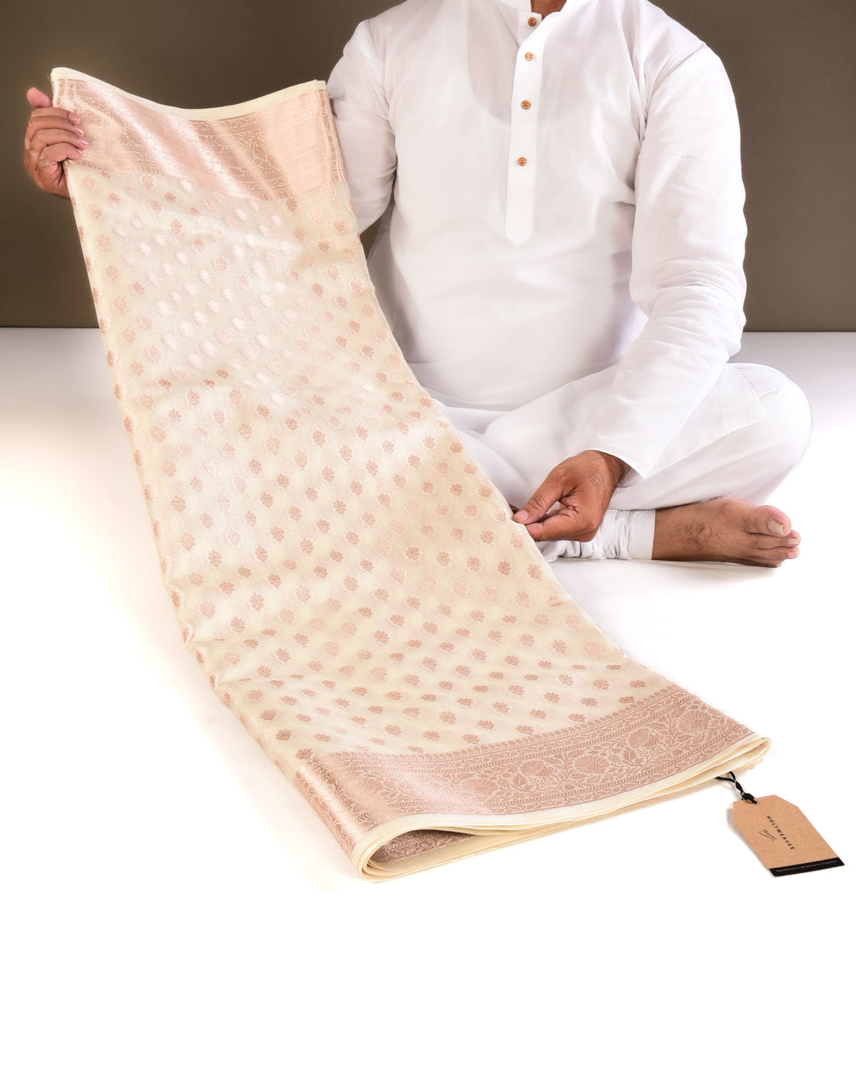 Cream Banarasi Gold Zari Ghani Buti Cutwork Brocade Woven Tasar Silk Saree - By HolyWeaves, Benares