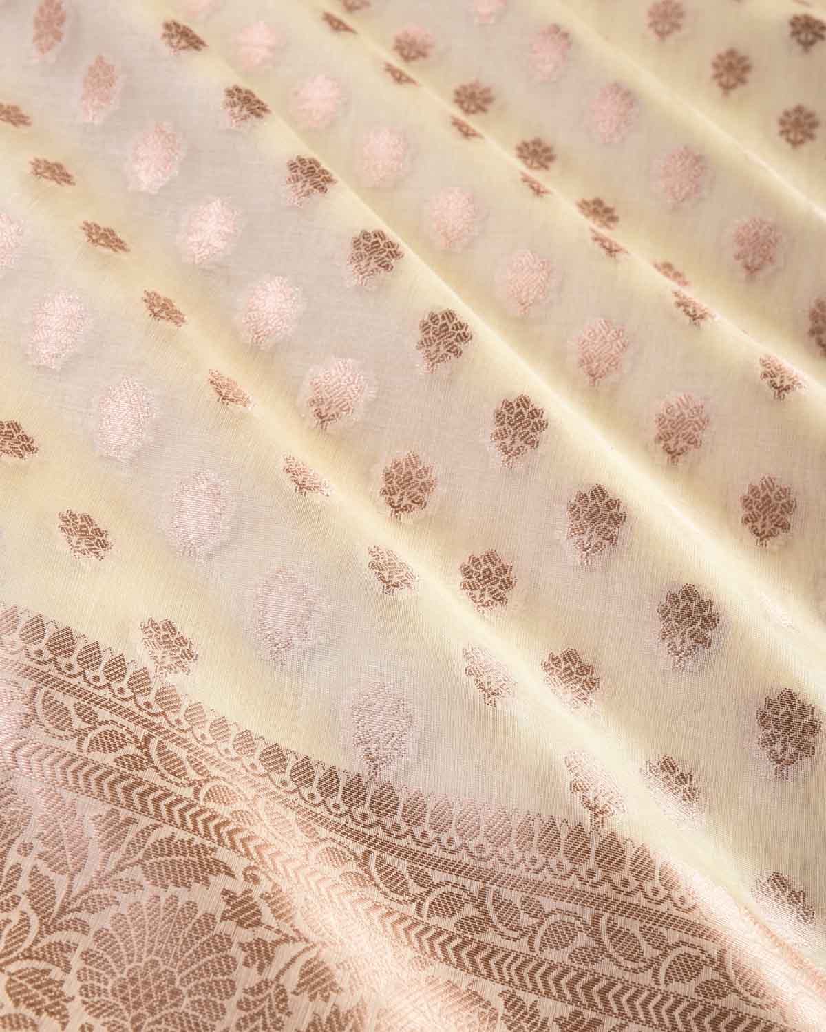 Cream Banarasi Gold Zari Ghani Buti Cutwork Brocade Woven Tasar Silk Saree - By HolyWeaves, Benares