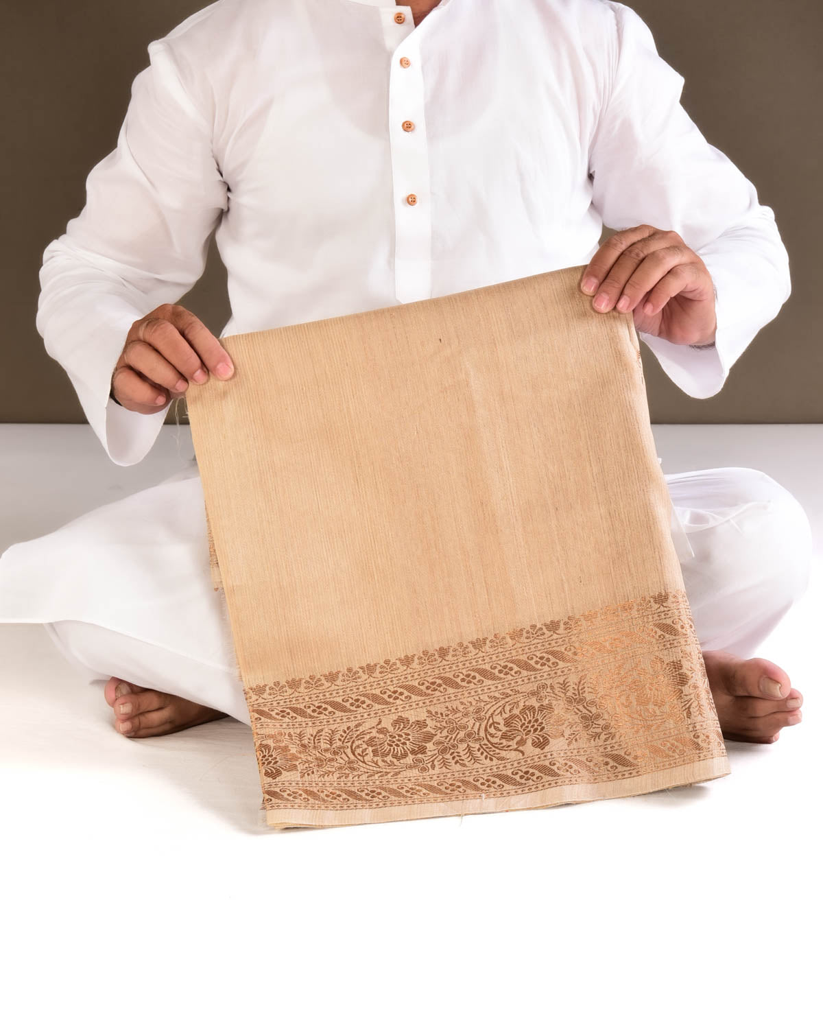 Beige Banarasi Antique Zari Textured Brocade Woven Tasar Raw Silk Saree - By HolyWeaves, Benares