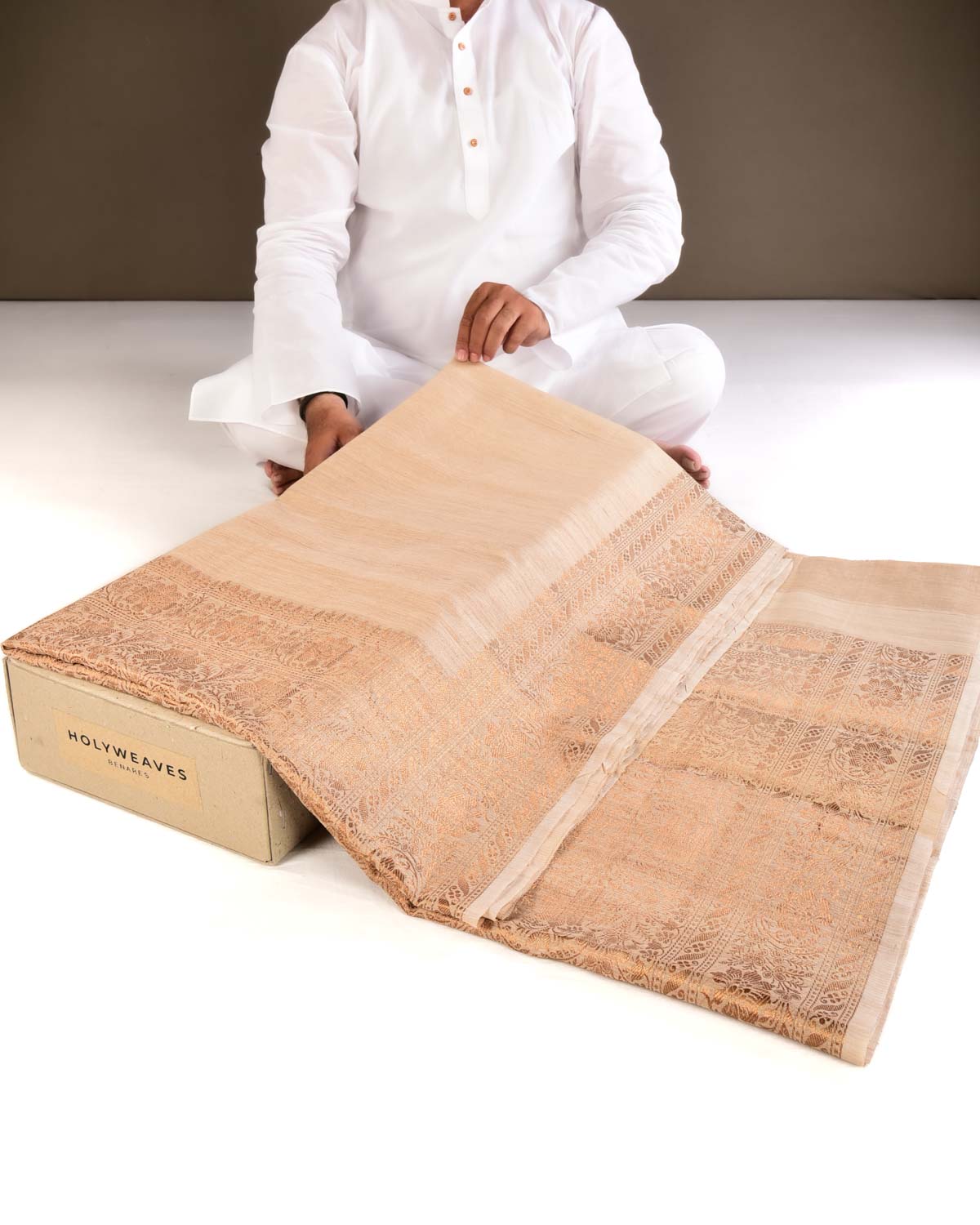 Beige Banarasi Antique Zari Textured Brocade Woven Tasar Raw Silk Saree - By HolyWeaves, Benares