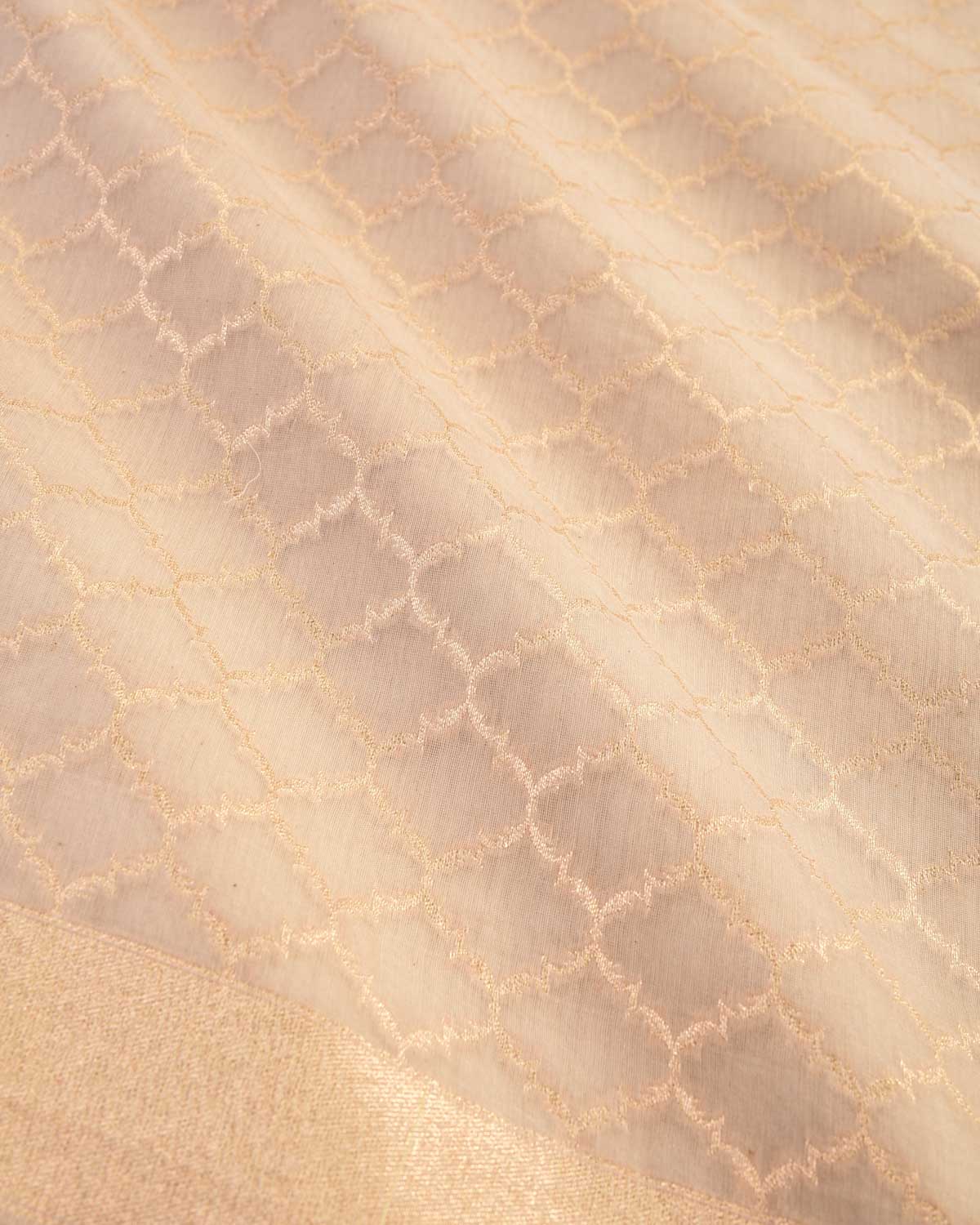 Beige Banarasi Gold Zari Moroccan Grid Cutwork Brocade Handwoven Cotton Silk Saree - By HolyWeaves, Benares