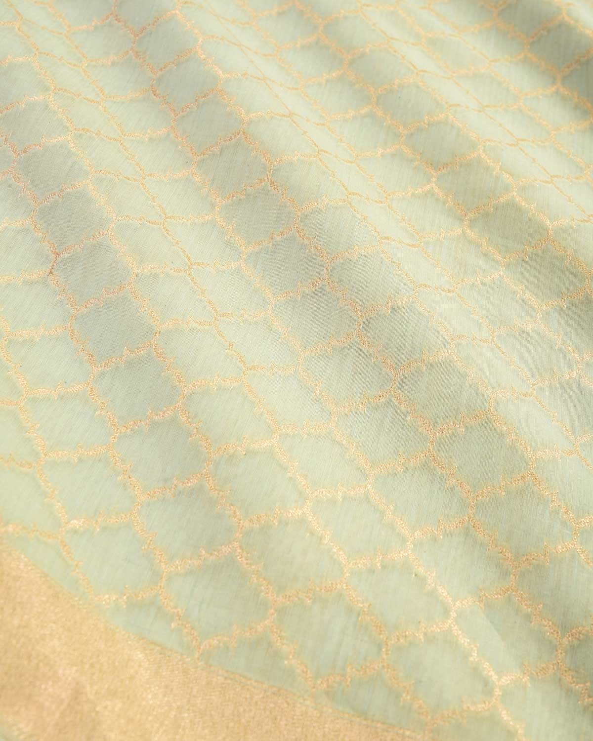 Blue Banarasi Gold Zari Moroccan Grid Cutwork Brocade Handwoven Cotton Silk Saree - By HolyWeaves, Benares