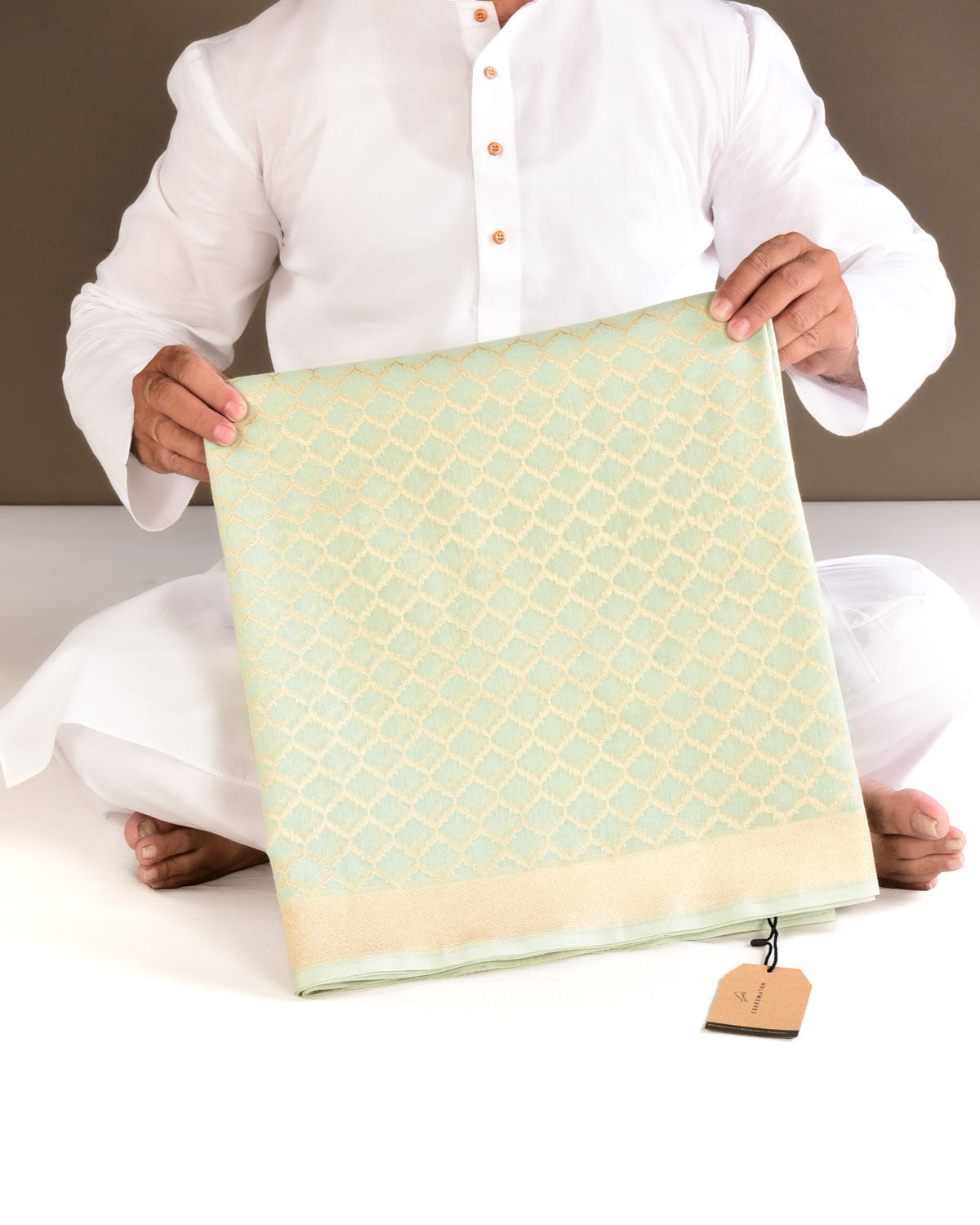 Blue Banarasi Gold Zari Moroccan Grid Cutwork Brocade Handwoven Cotton Silk Saree - By HolyWeaves, Benares