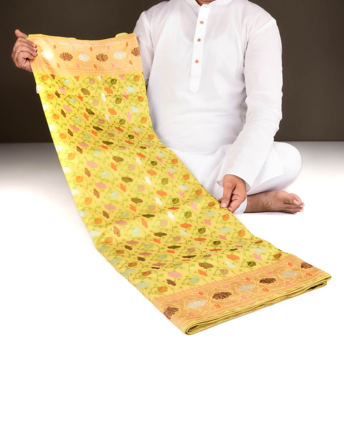Lime Green Banarasi Tehri Zari & Resham Cutwork Brocade Handwoven Katan Silk Saree-HolyWeaves