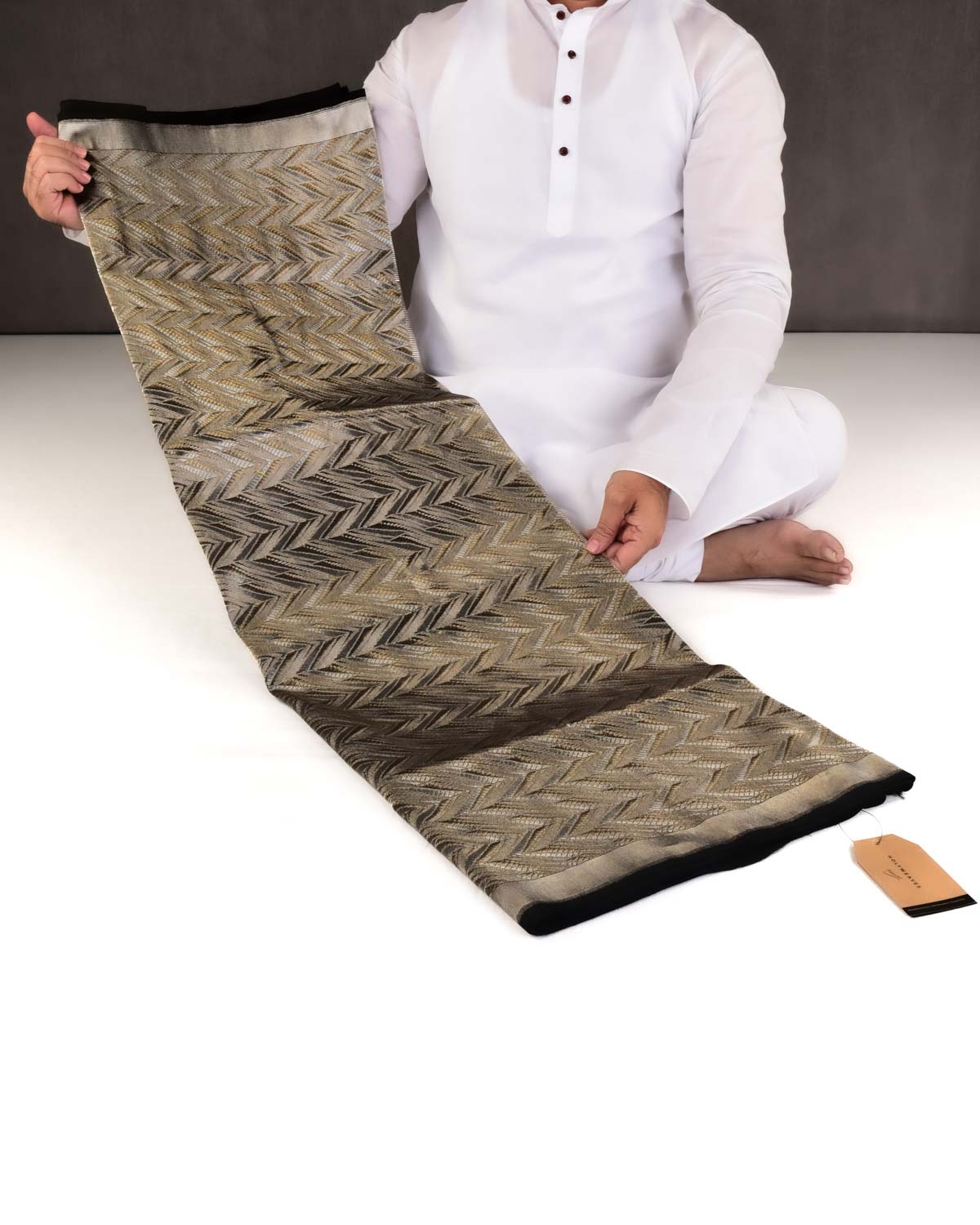Black Banarasi Gold & Silver Zari Alfi Chevron Brocade Handwoven Katan Silk Saree-HolyWeaves