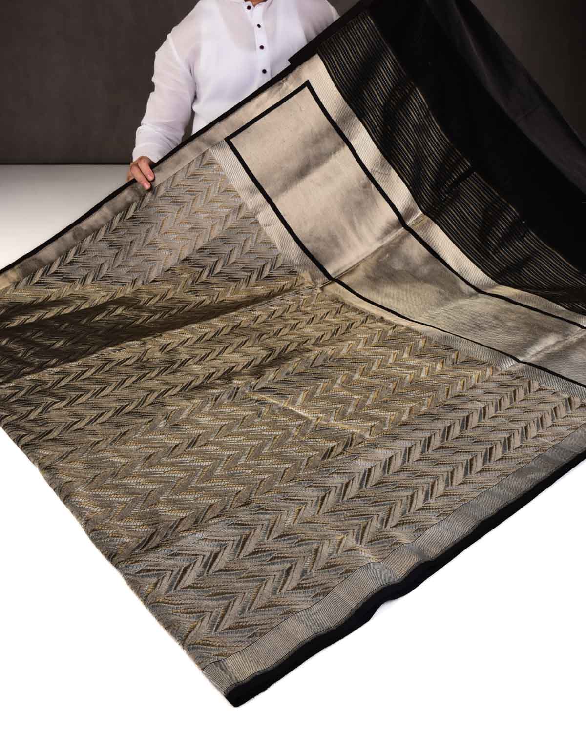 Black Banarasi Gold & Silver Zari Alfi Chevron Brocade Handwoven Katan Silk Saree-HolyWeaves