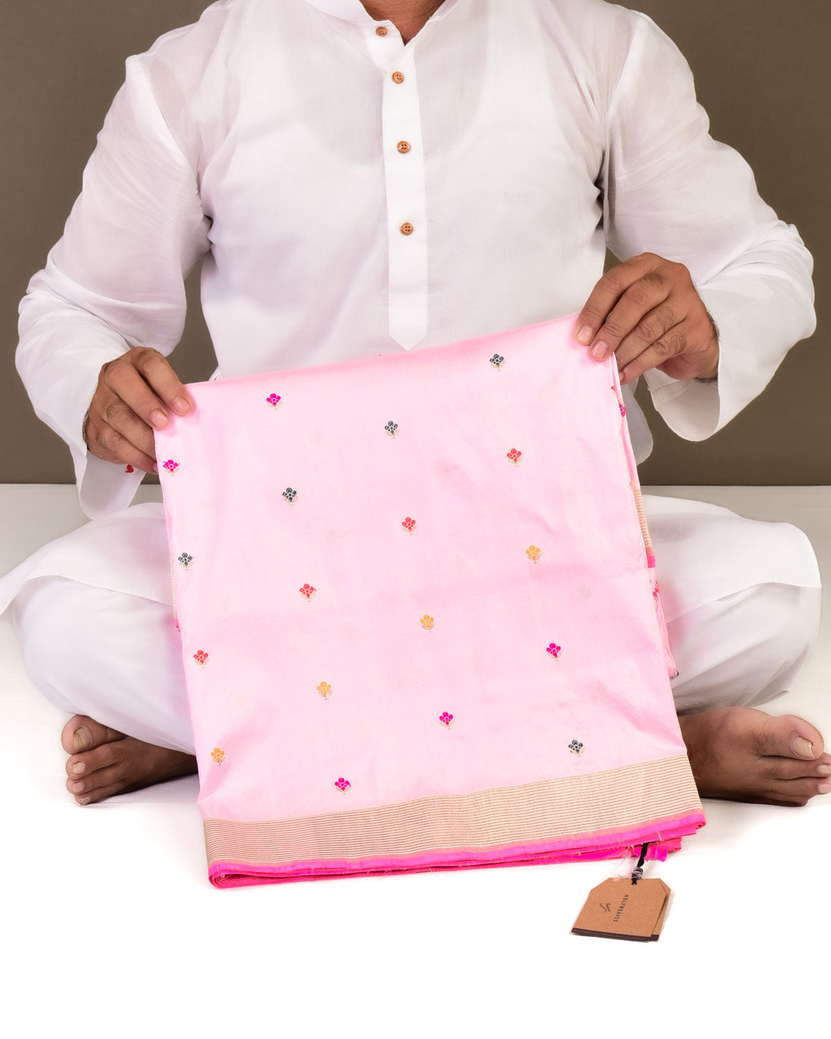 Pink Banarasi Multi-color Alfi Buti Kadhuan Brocade Handwoven Katan Silk Saree-HolyWeaves