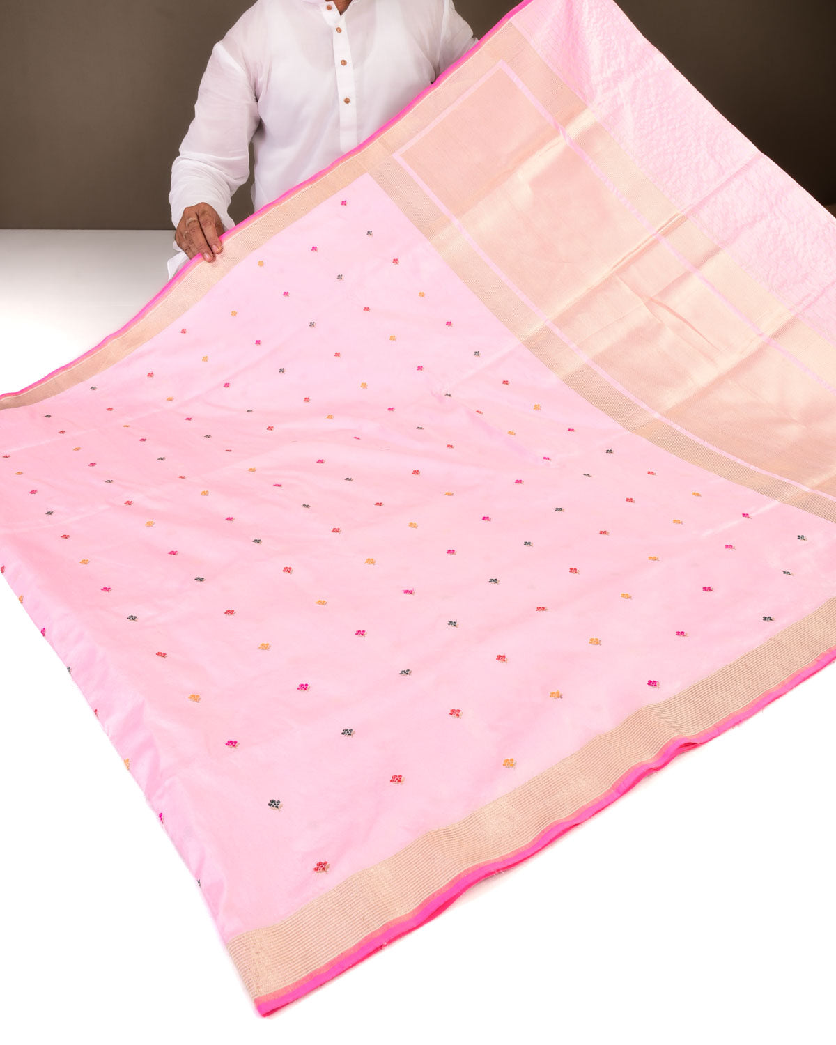 Pink Banarasi Multi-color Alfi Buti Kadhuan Brocade Handwoven Katan Silk Saree-HolyWeaves