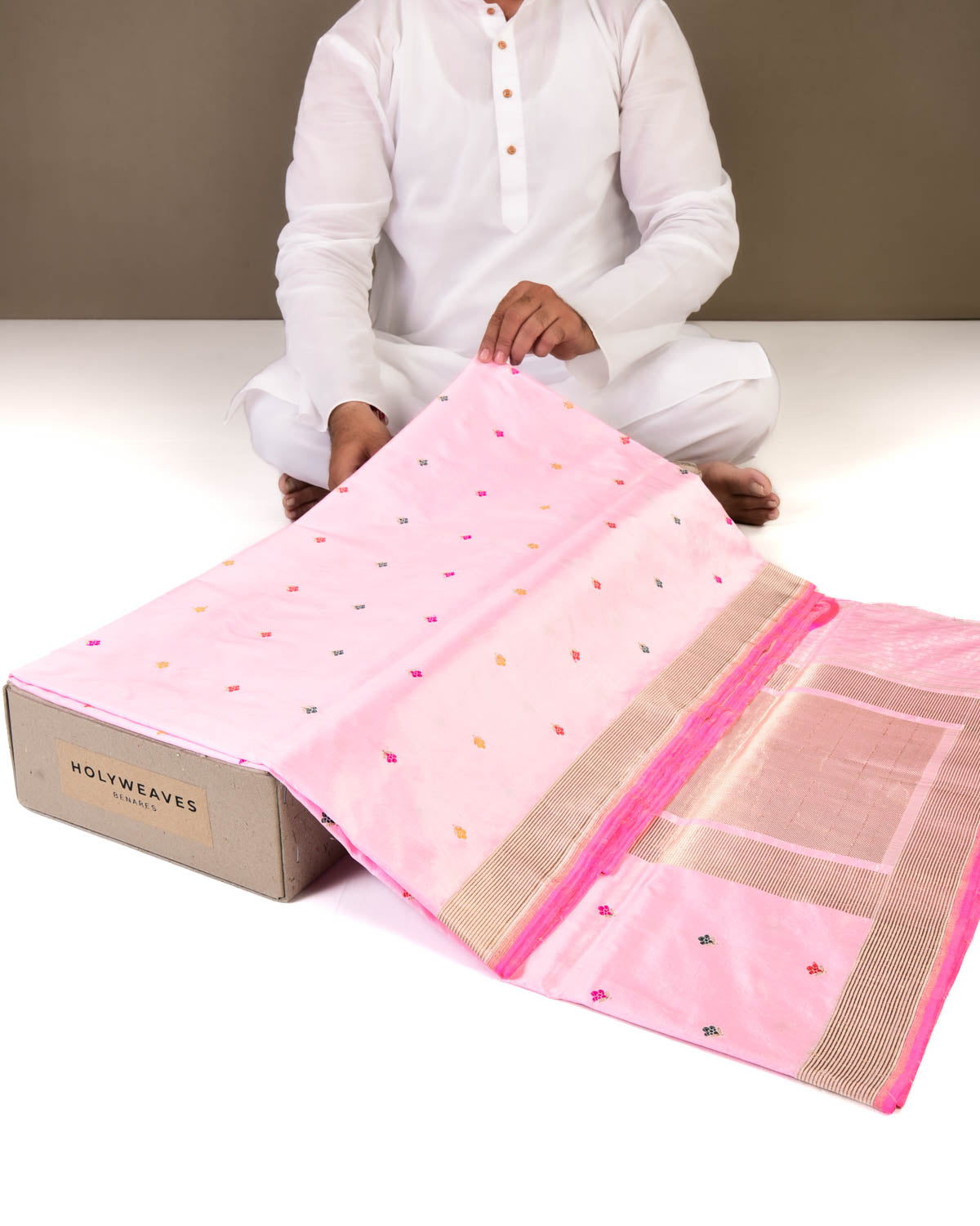 Pink Banarasi Multi-color Alfi Buti Kadhuan Brocade Handwoven Katan Silk Saree-HolyWeaves