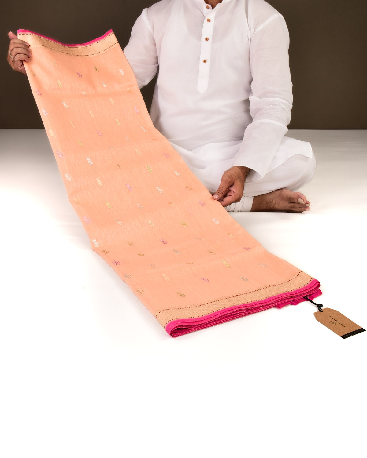 Peach Banarasi Colored Zari Buti Kadhuan Brocade Handwoven Linen Silk Saree-HolyWeaves