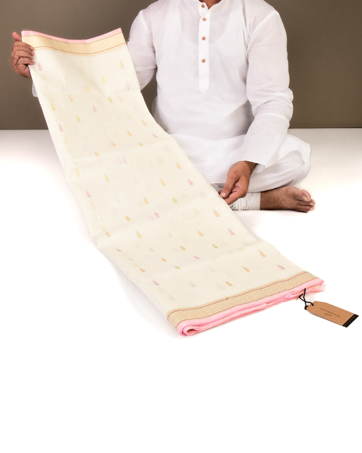 White Banarasi Colored Zari Buti Kadhuan Brocade Handwoven Linen Silk Saree-HolyWeaves