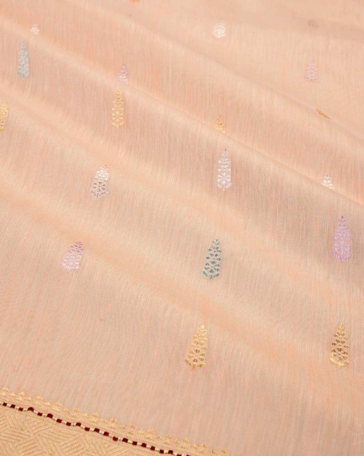 Peach Banarasi Colored Zari Buti Kadhuan Brocade Handwoven Linen Silk Saree-HolyWeaves