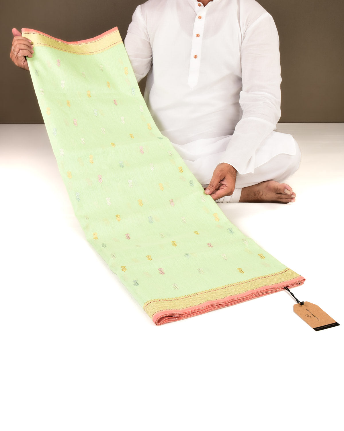 Green Banarasi Colored Gulab Zari Buti Kadhuan Brocade Handwoven Linen Silk Saree-HolyWeaves