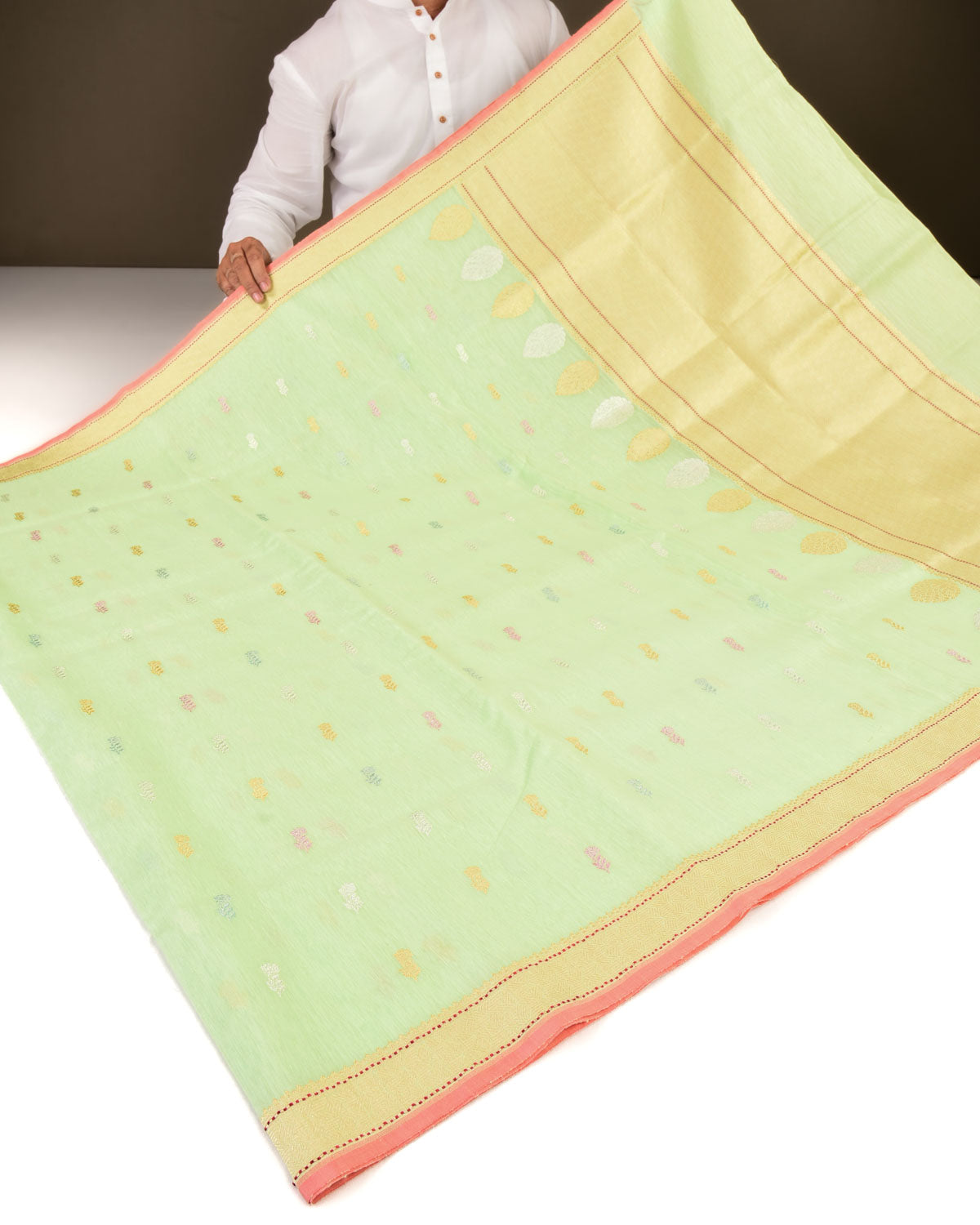 Green Banarasi Colored Gulab Zari Buti Kadhuan Brocade Handwoven Linen Silk Saree-HolyWeaves