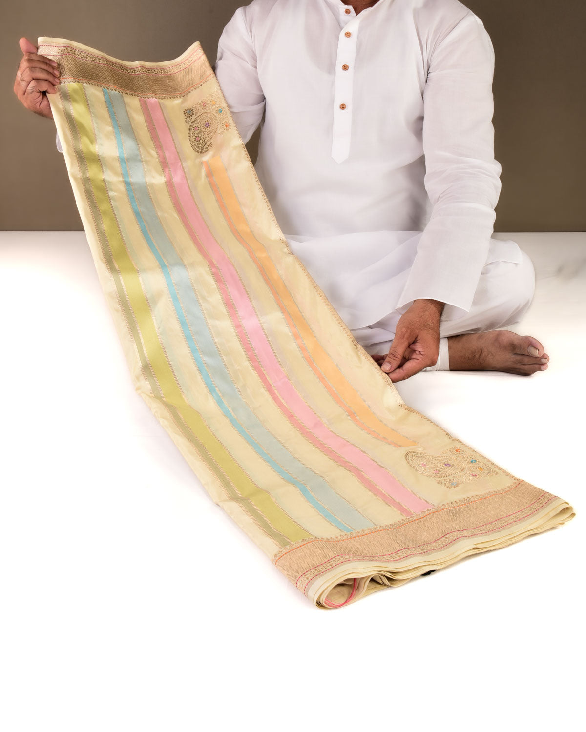 Multi-color Banarasi Stripes Rangkaat Handwoven Katan Silk Saree with Koniya Buta-HolyWeaves