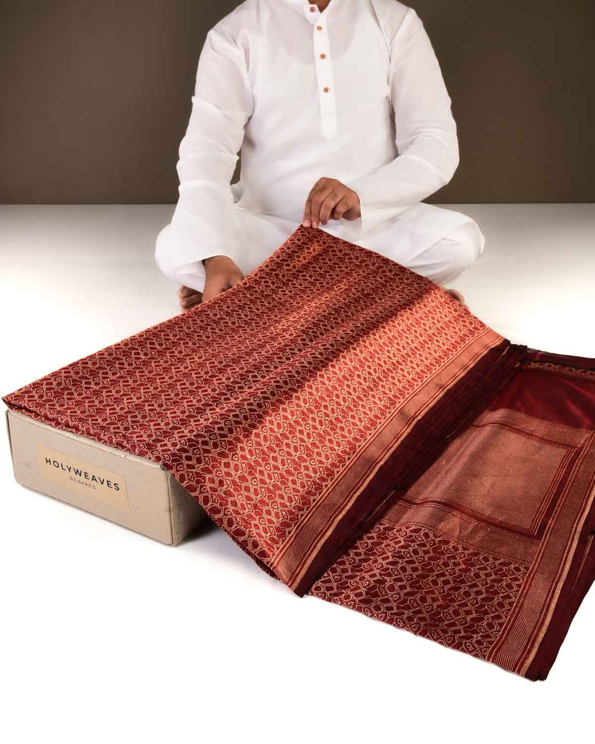 Maroon Banarasi African Tribal Copper Zari Resham Alfi Brocade Handwoven Katan Silk Saree-HolyWeaves