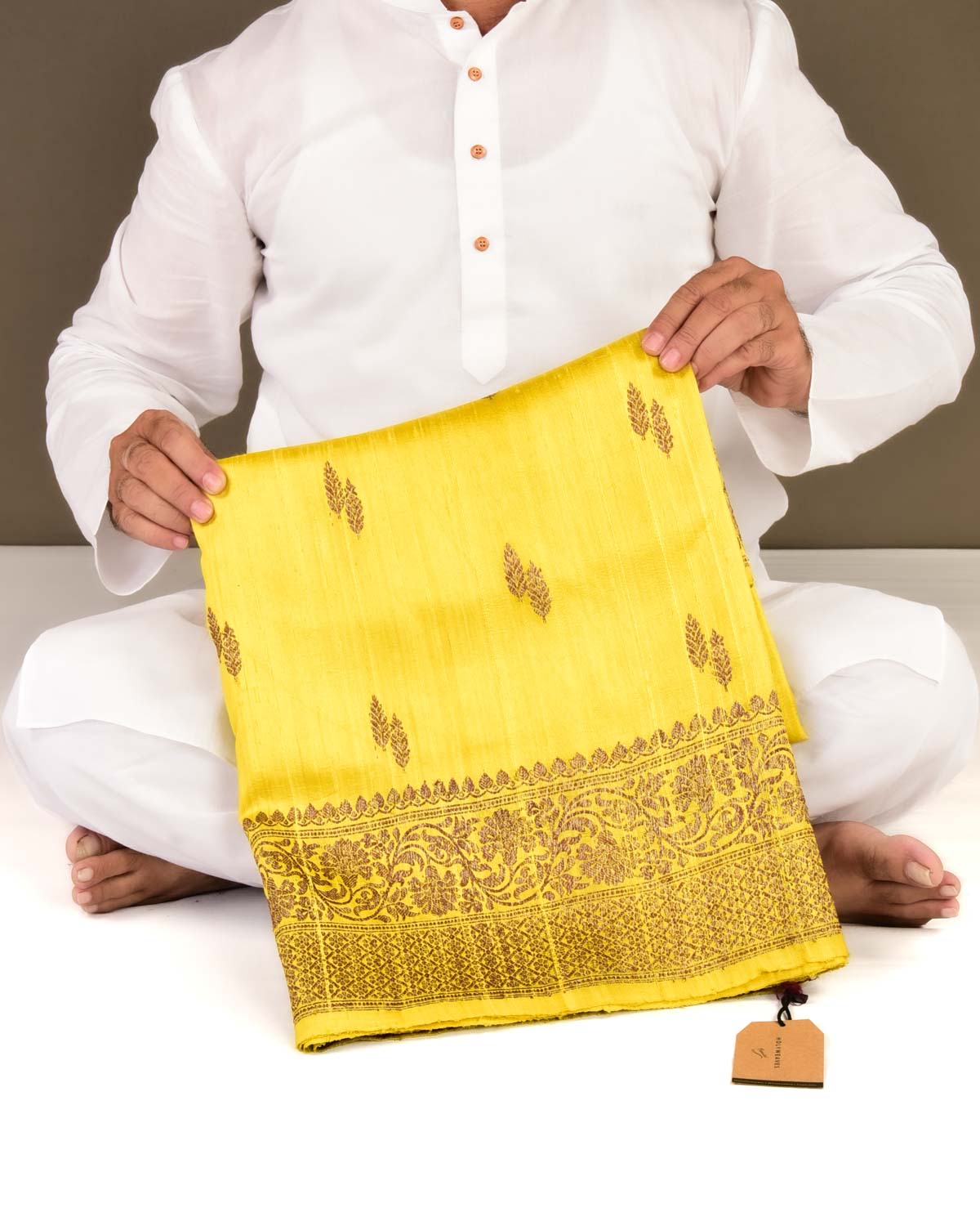 Yellow Banarasi Antique Zari Buti Kadhuan Brocade Handwoven Raw Silk Saree with Maroon Contrast Blouse-HolyWeaves