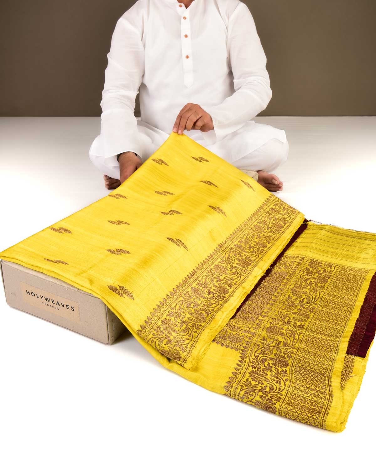 Yellow Banarasi Antique Zari Buti Kadhuan Brocade Handwoven Raw Silk Saree with Maroon Contrast Blouse-HolyWeaves