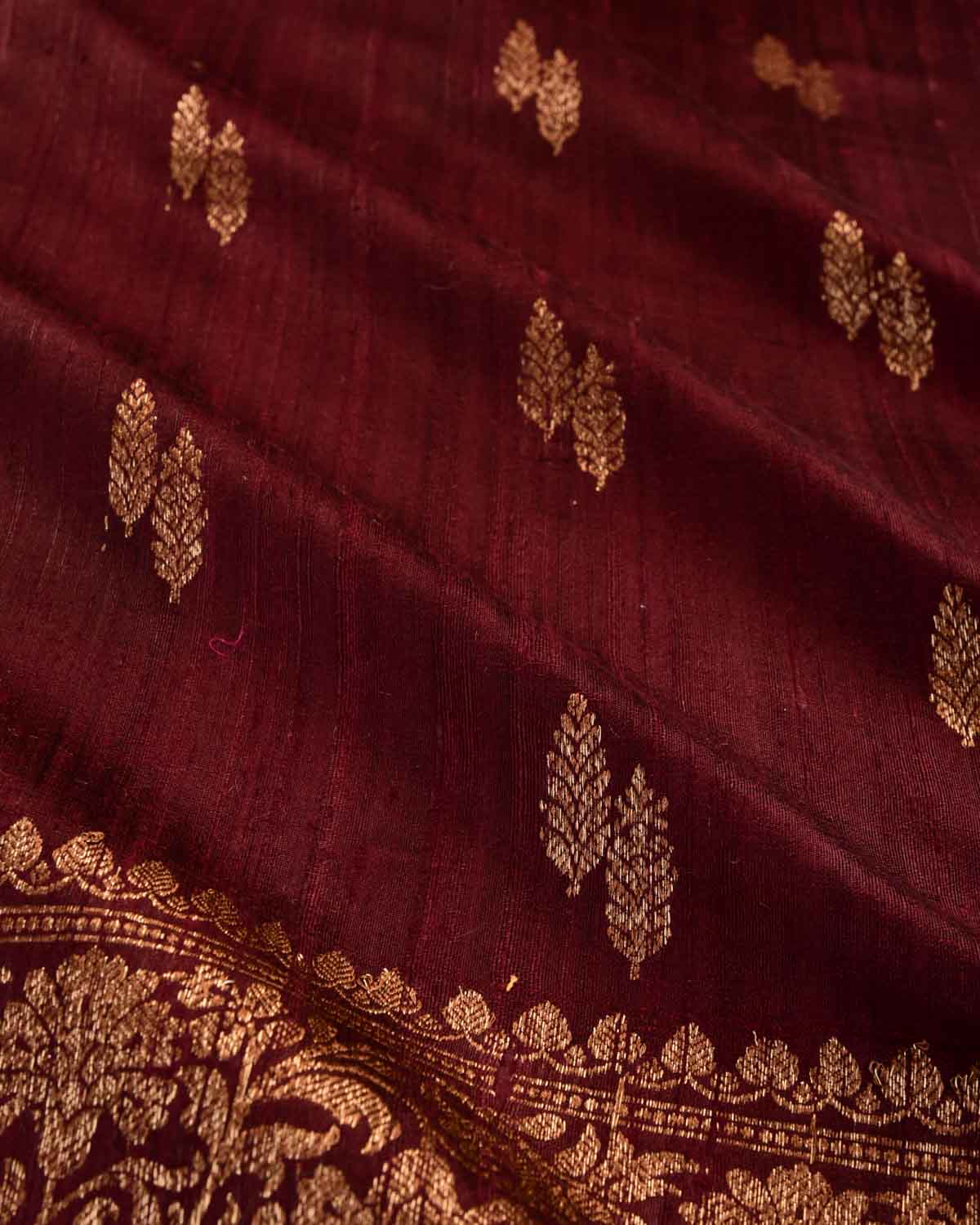 Mahogany Banarasi Antique Zari Buti Kadhuan Brocade Handwoven Raw Silk Saree with Blue Contrast Blouse-HolyWeaves