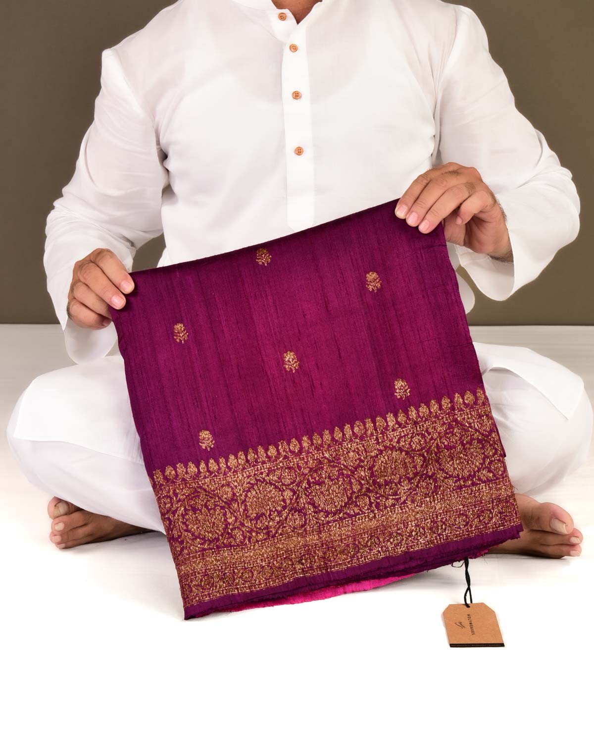 Purple Banarasi Antique Zari Buti Kadhuan Brocade Handwoven Raw Silk Saree with Pink Contrast Blouse-HolyWeaves