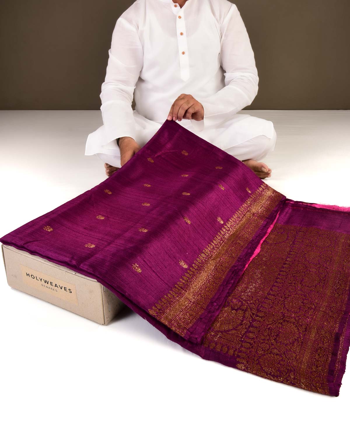 Purple Banarasi Antique Zari Buti Kadhuan Brocade Handwoven Raw Silk Saree with Pink Contrast Blouse-HolyWeaves