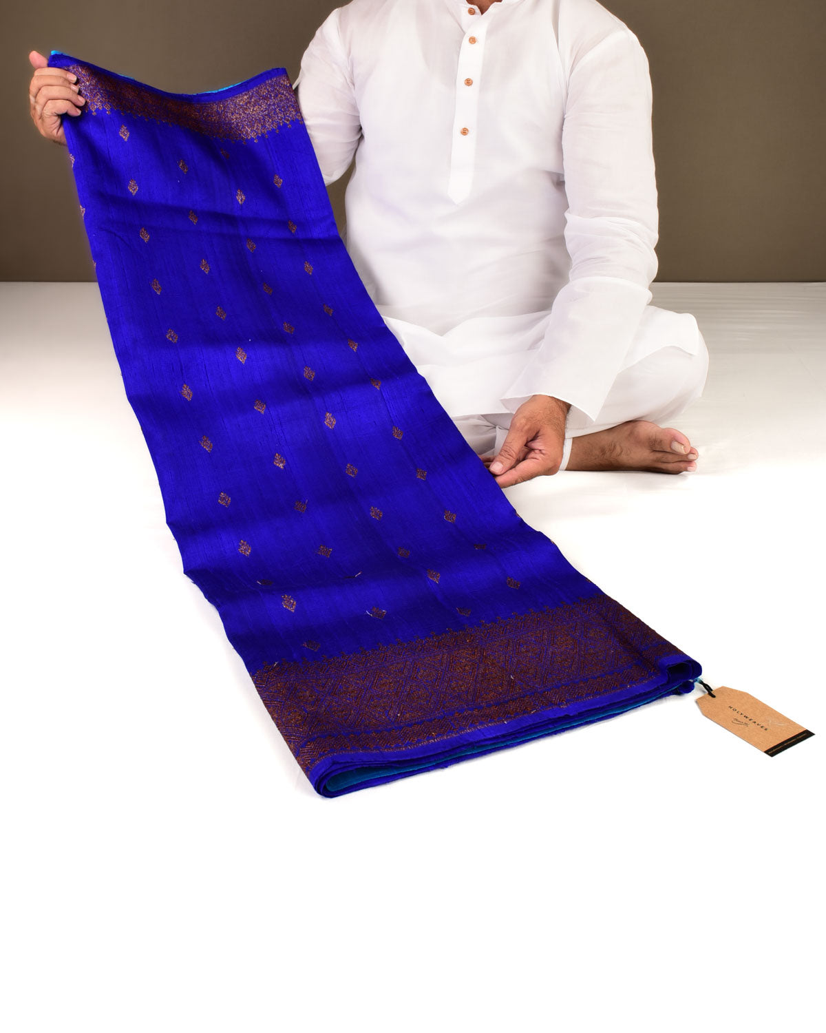 Blue Banarasi Antique Zari Buti Kadhuan Brocade Handwoven Raw Silk Saree with Blue Contrast Blouse-HolyWeaves