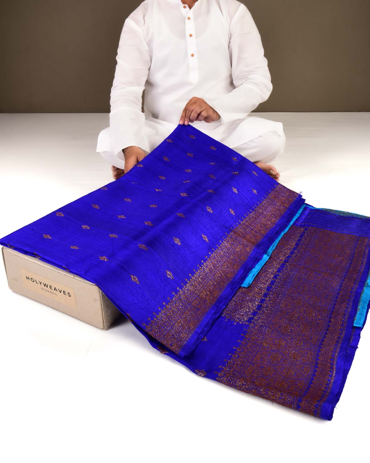 Blue Banarasi Antique Zari Buti Kadhuan Brocade Handwoven Raw Silk Saree with Blue Contrast Blouse-HolyWeaves