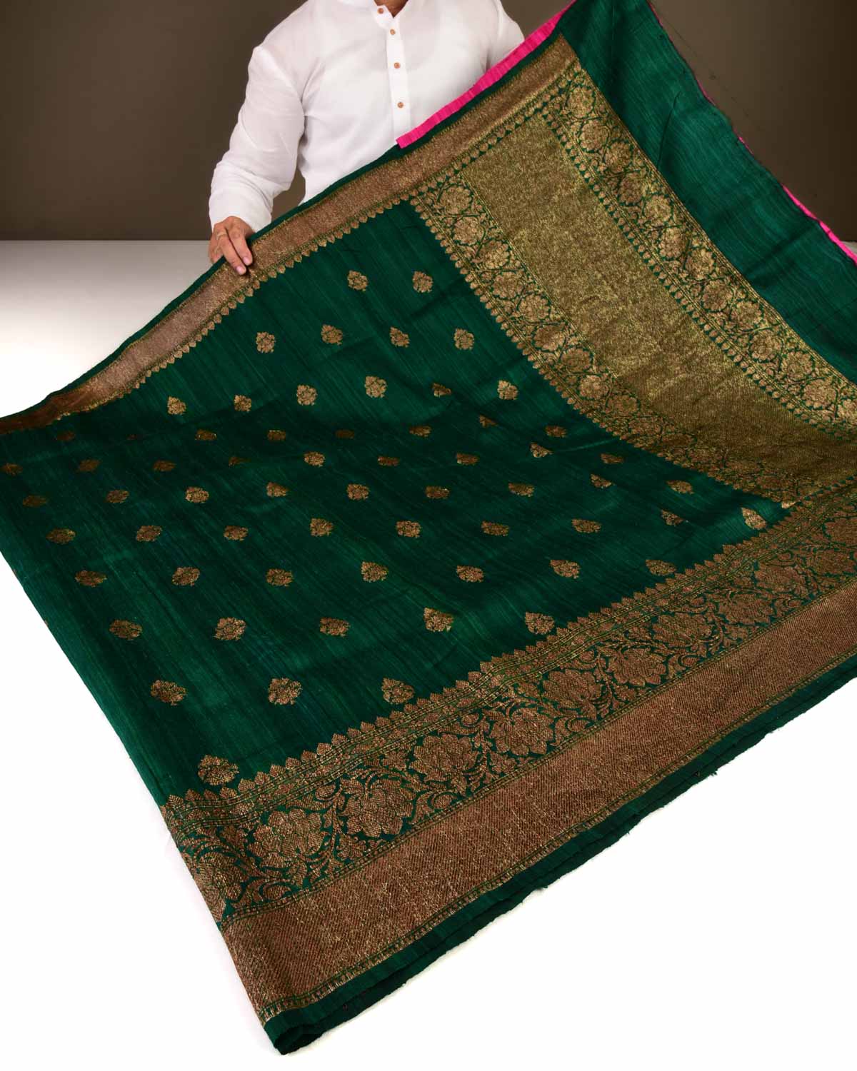 Forest Green Banarasi Antique Zari Buti Kadhuan Brocade Handwoven Raw Silk Saree with Pink Contrast Blouse-HolyWeaves