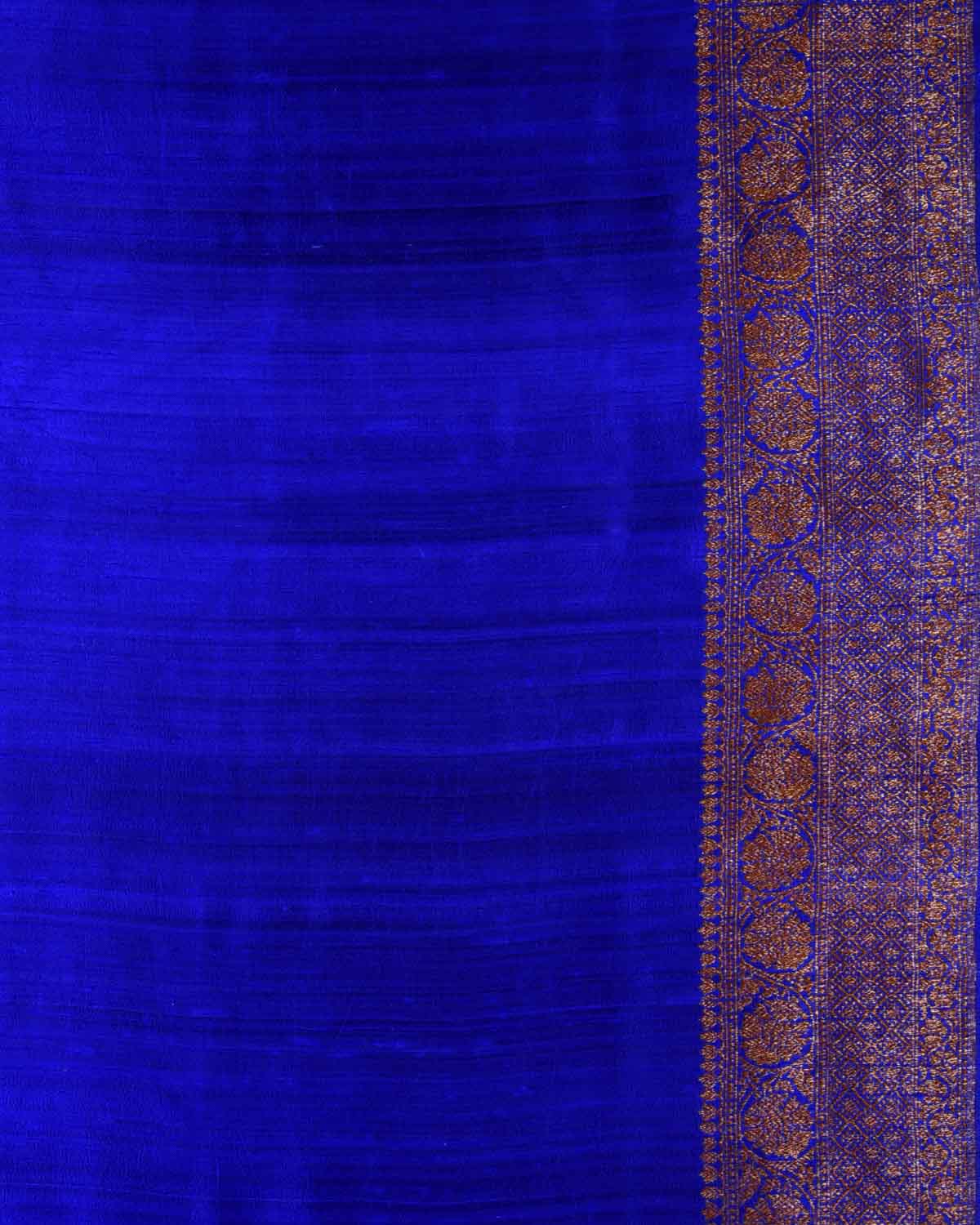Turquoise Green Banarasi Antique Zari Buti Kadhuan Brocade Handwoven Raw Silk Saree with Blue Contrast Blouse-HolyWeaves