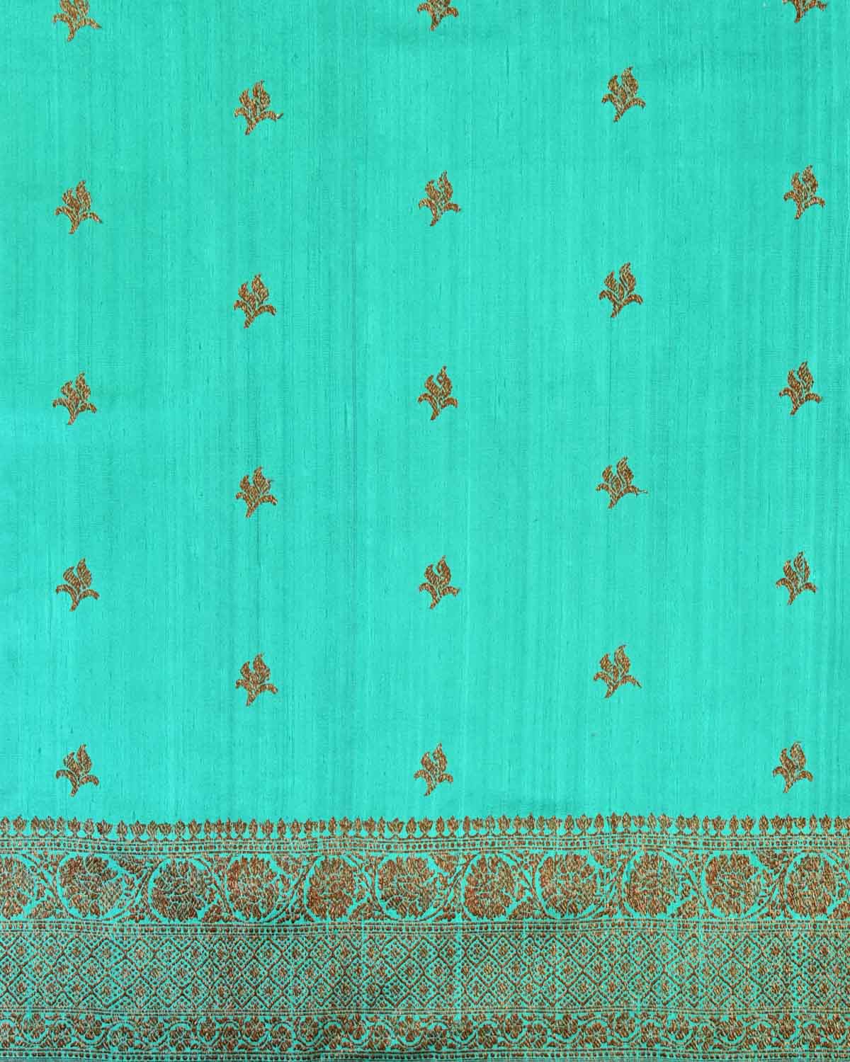 Turquoise Green Banarasi Antique Zari Buti Kadhuan Brocade Handwoven Raw Silk Saree with Blue Contrast Blouse-HolyWeaves