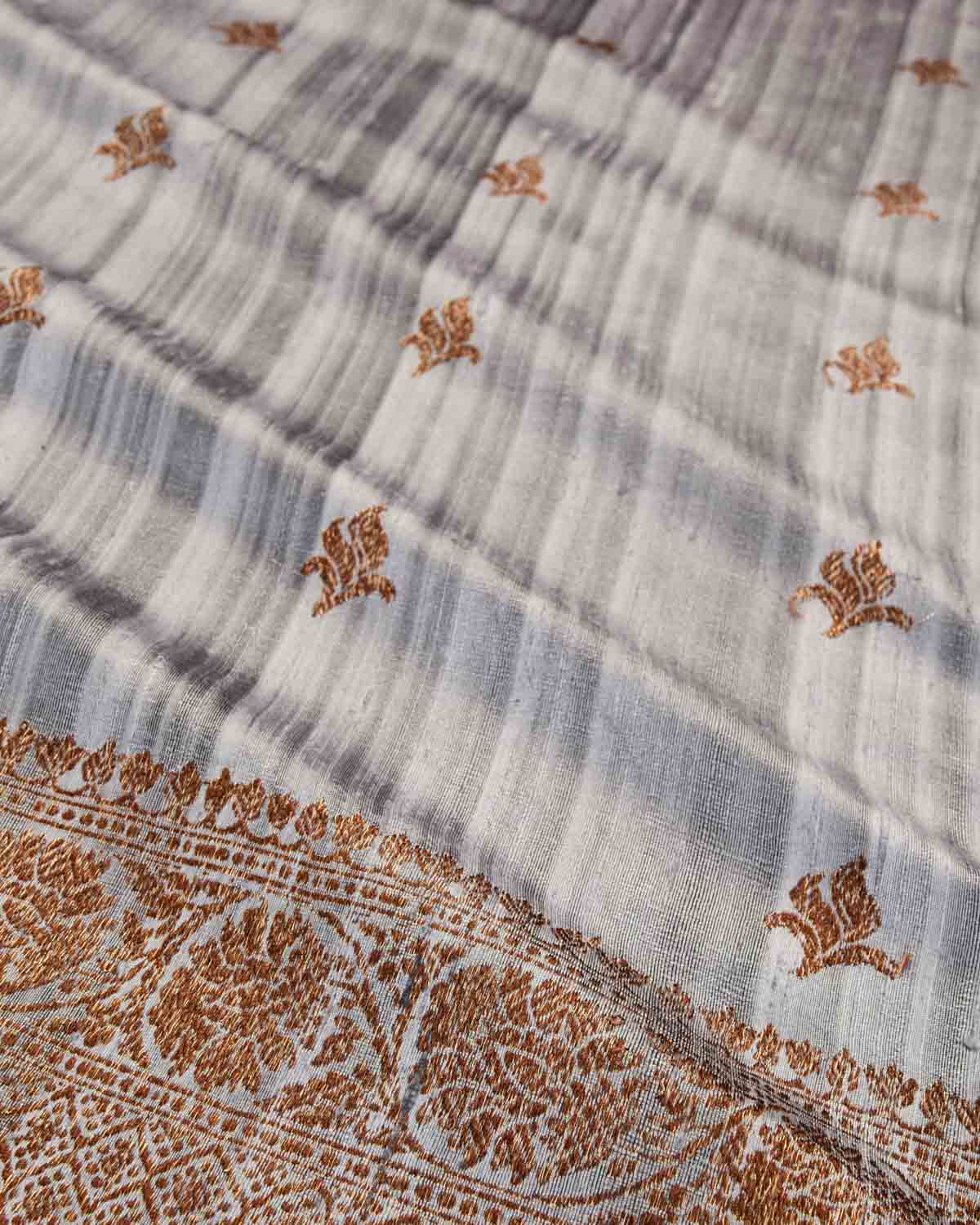 Gray Banarasi Antique Zari Buti Kadhuan Brocade Handwoven Raw Silk Saree with Orange Contrast Blouse-HolyWeaves