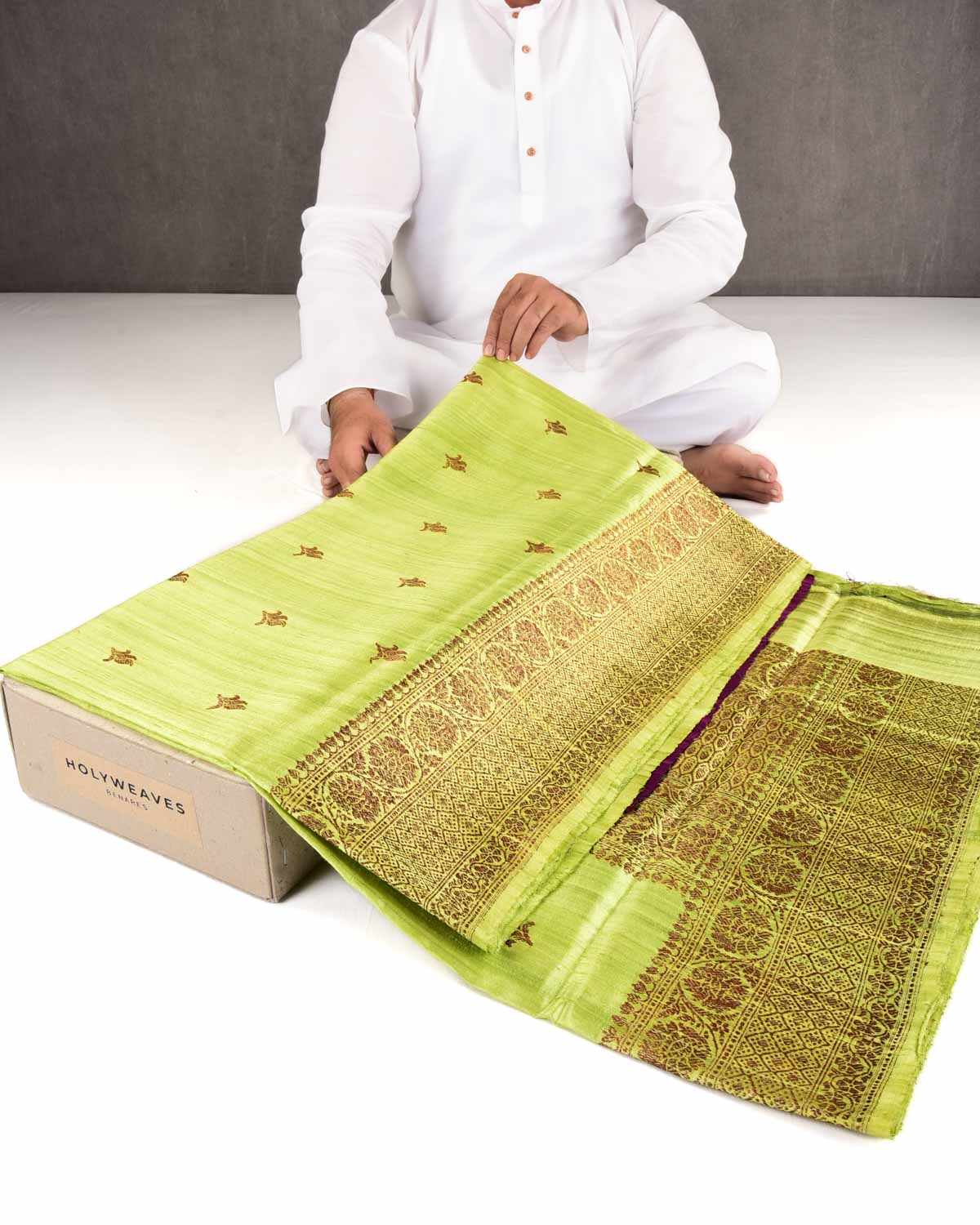 Lime Green Banarasi Antique Zari Buti Kadhuan Brocade Handwoven Raw Silk Saree with Purple Contrast Blouse-HolyWeaves