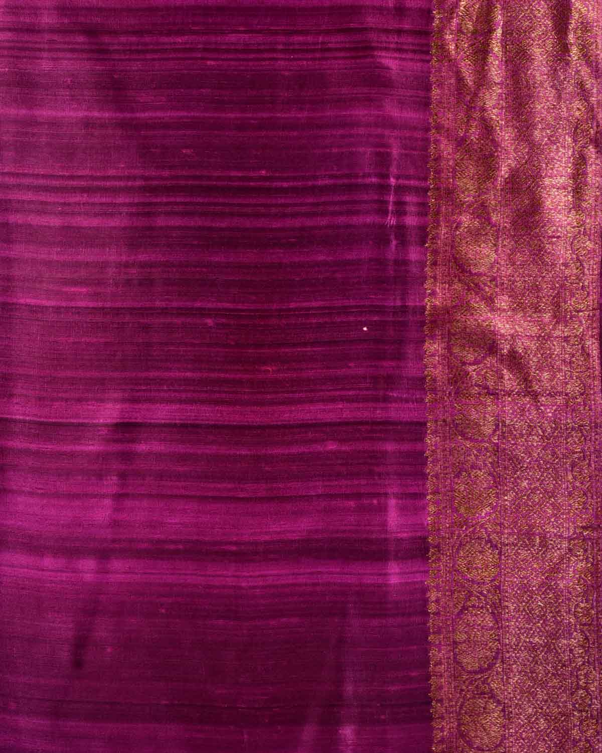 Lime Green Banarasi Antique Zari Buti Kadhuan Brocade Handwoven Raw Silk Saree with Purple Contrast Blouse-HolyWeaves