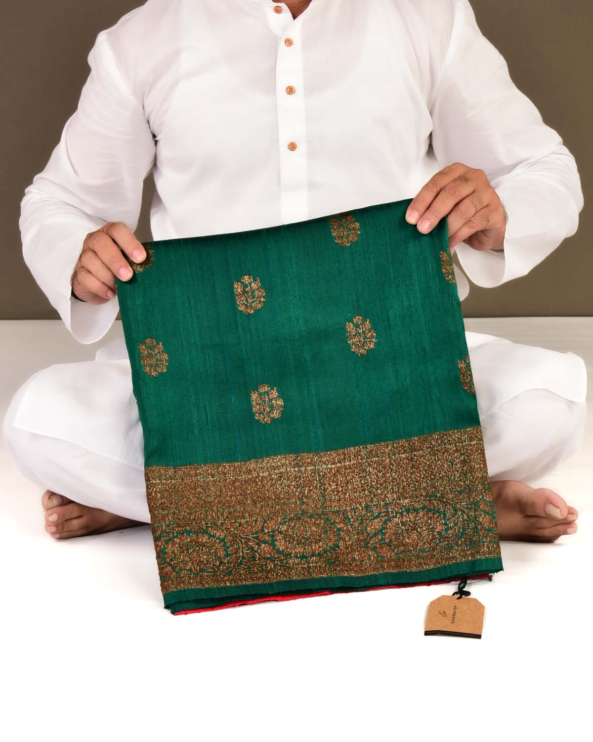 Bottle Green Banarasi Antique Zari Buti Kadhuan Brocade Handwoven Raw Silk Saree with Red Contrast Blouse-HolyWeaves