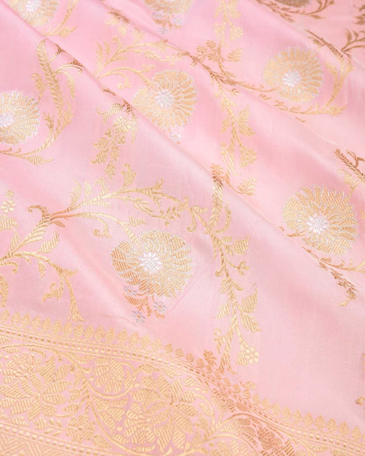 Baby Pink Banarasi Gold Zari Jangla with Rupa Meena Kadhuan Brocade Handwoven Katan Silk Saree-HolyWeaves