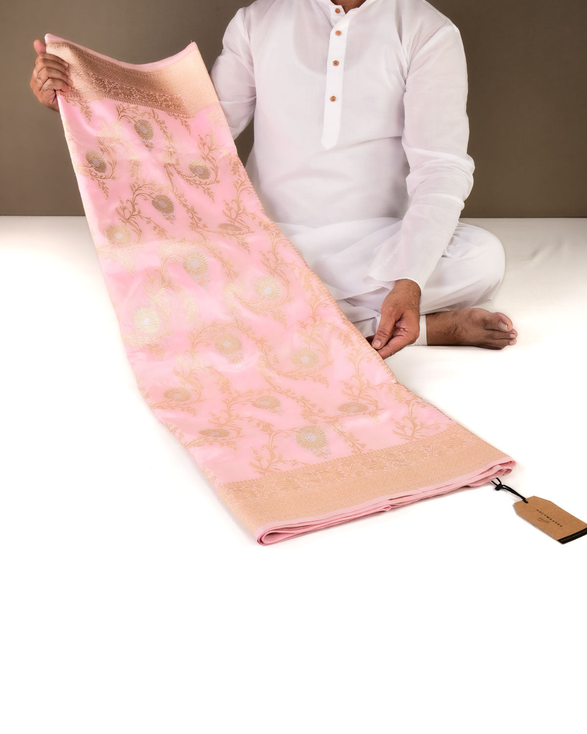 Baby Pink Banarasi Gold Zari Jangla with Rupa Meena Kadhuan Brocade Handwoven Katan Silk Saree-HolyWeaves