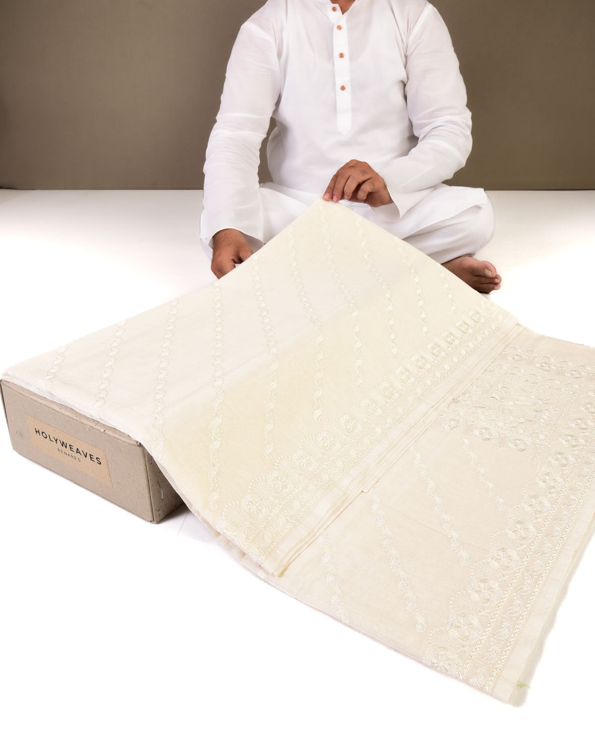 White Banarasi Diagonal Resham Paisely Embroidered Cotton Silk Saree-HolyWeaves