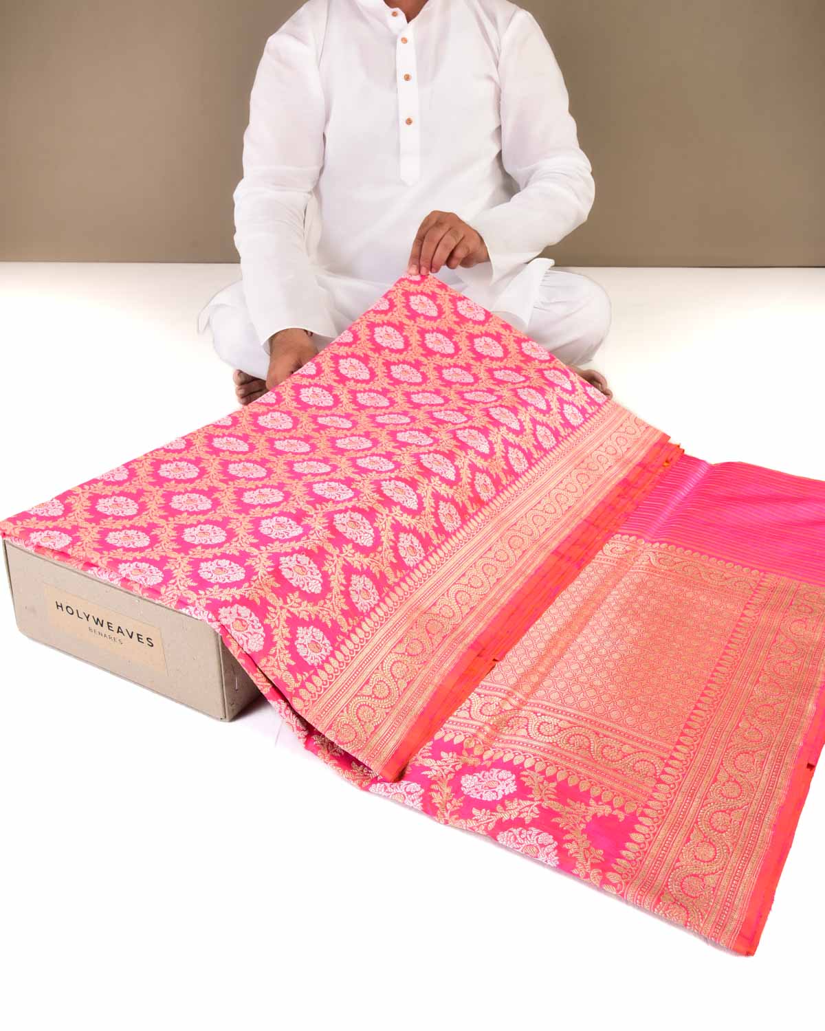 Pink Banarasi Gold & Silver Zari Jangla Kadhuan Brocade Handwoven Katan Silk Saree-HolyWeaves