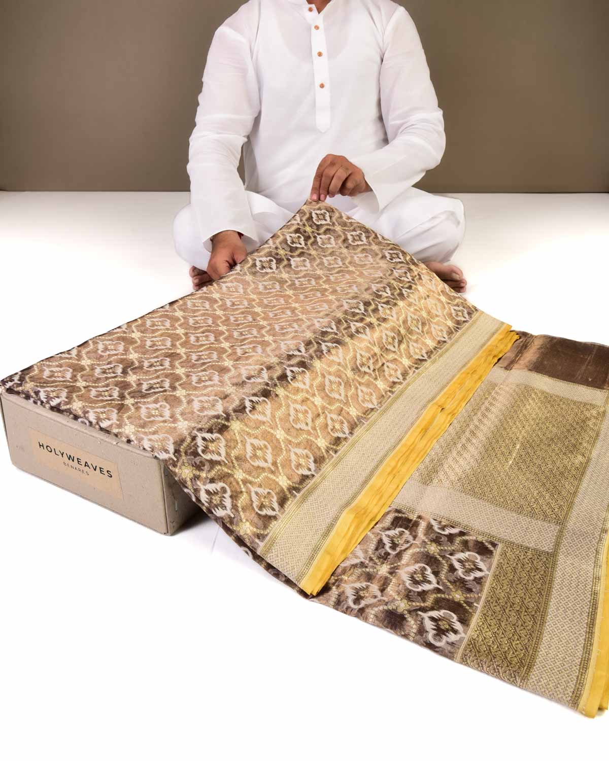 Metallic Brown Banarasi Gold Zari & Resham Jaal Cutwork Brocade Handwoven Kora Tissue Saree-HolyWeaves