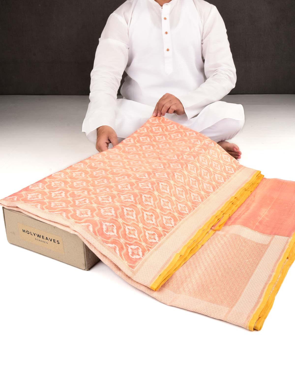 Metallic Peach Banarasi Gold Zari & Resham Jaal Cutwork Brocade Handwoven Kora Tissue Saree-HolyWeaves
