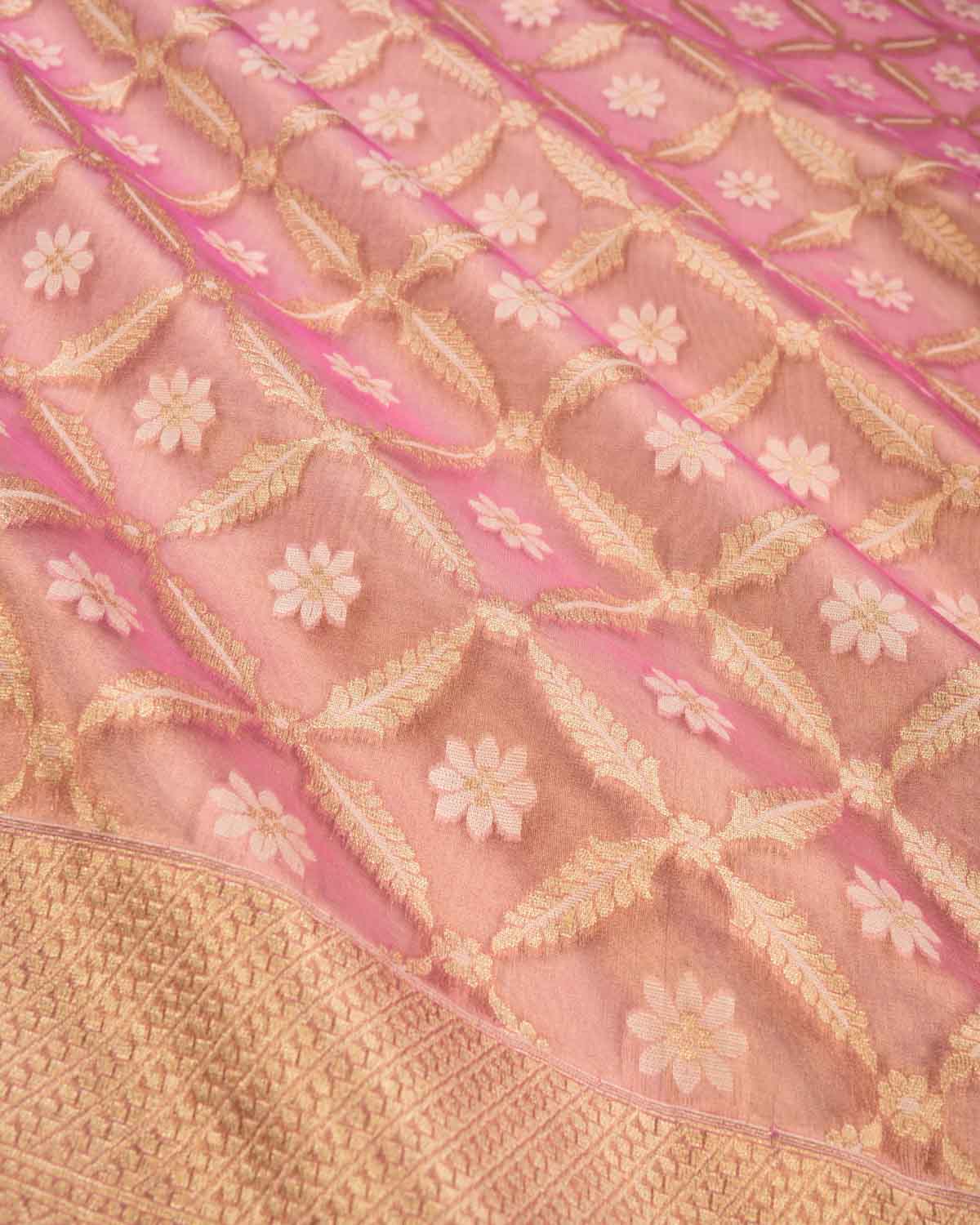 Metallic Pink Banarasi Gold Zari & Resham Jaal Cutwork Brocade Handwoven Kora Tissue Saree-HolyWeaves